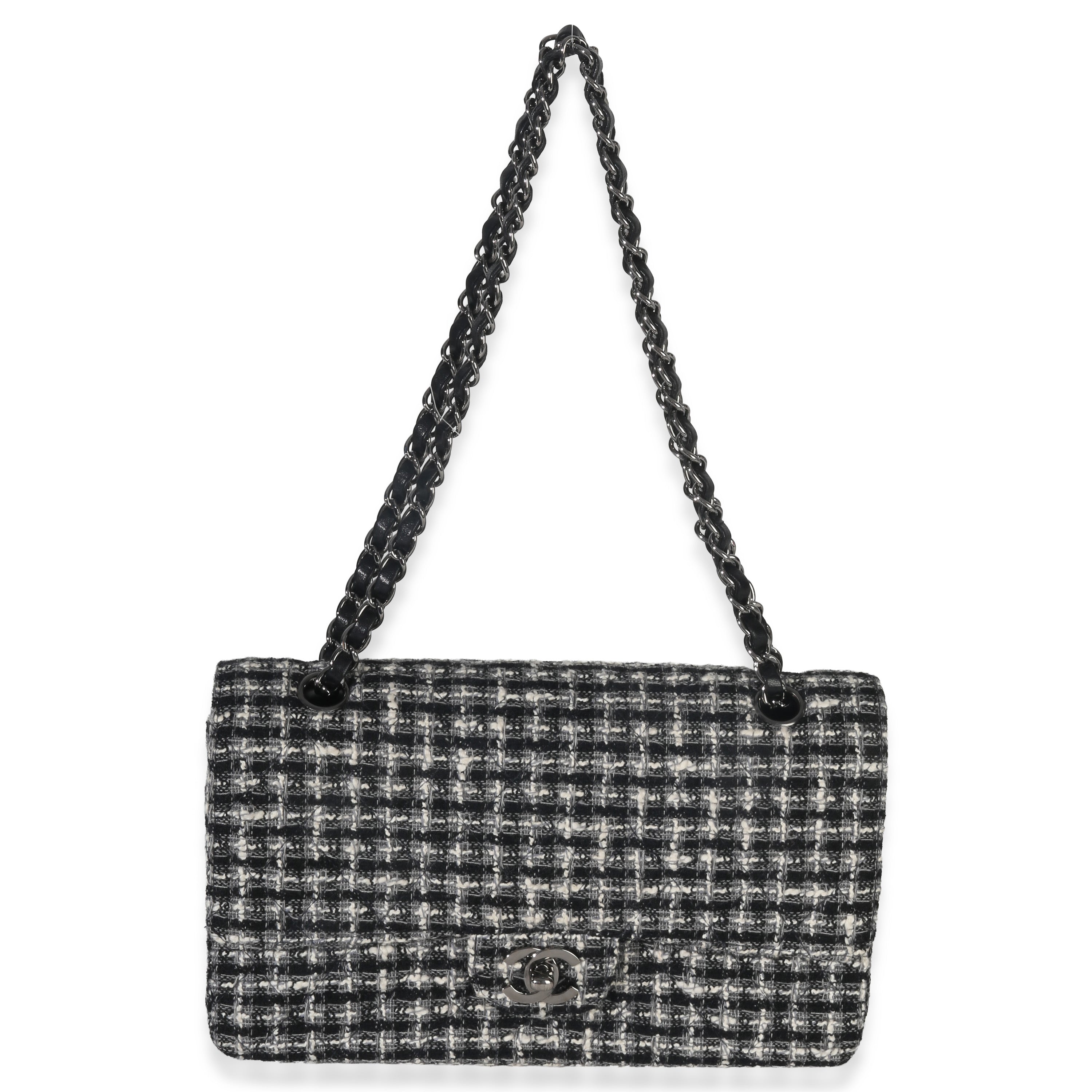 Black White Tweed Quilted Medium Classic Double Flap