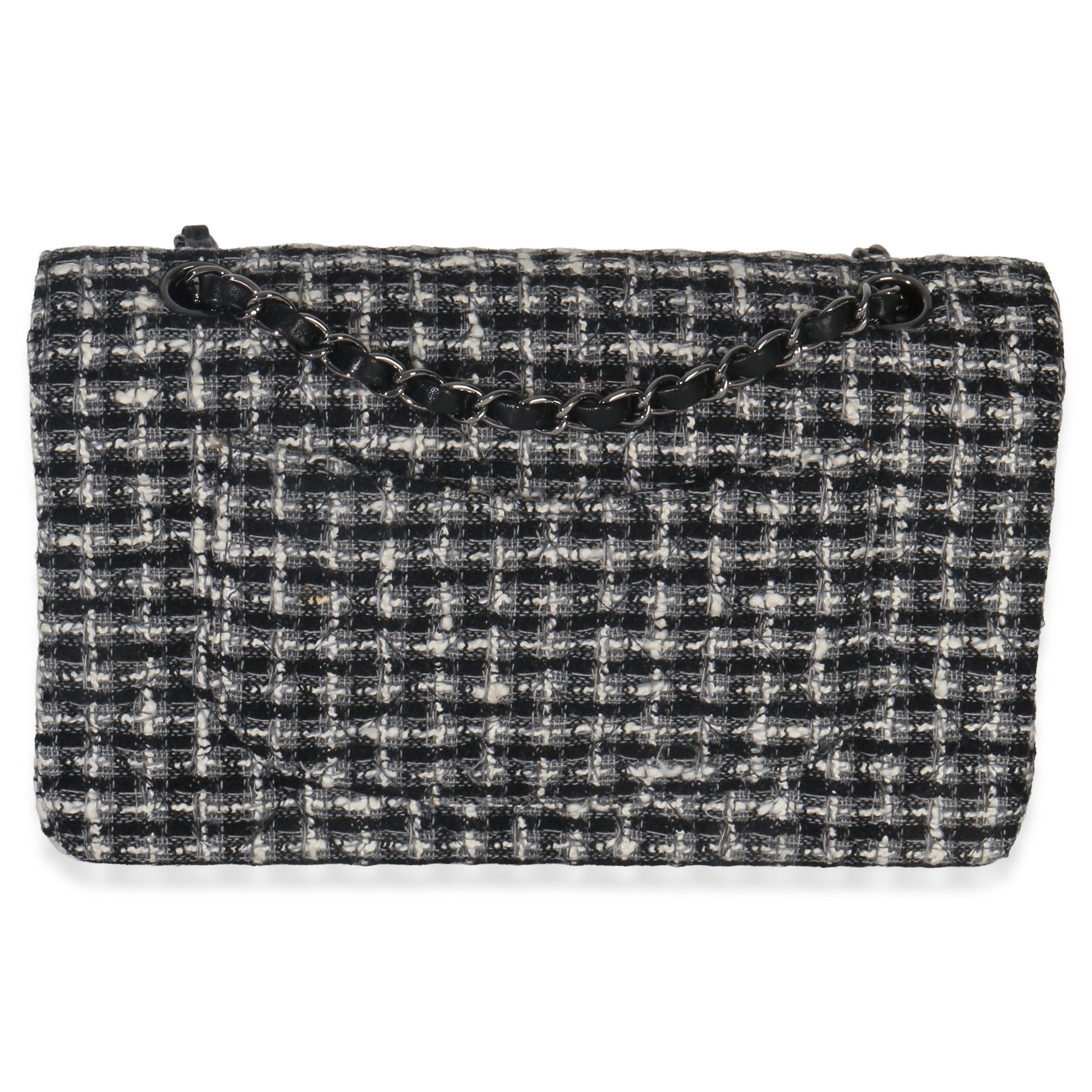 Black White Tweed Quilted Medium Classic Double Flap