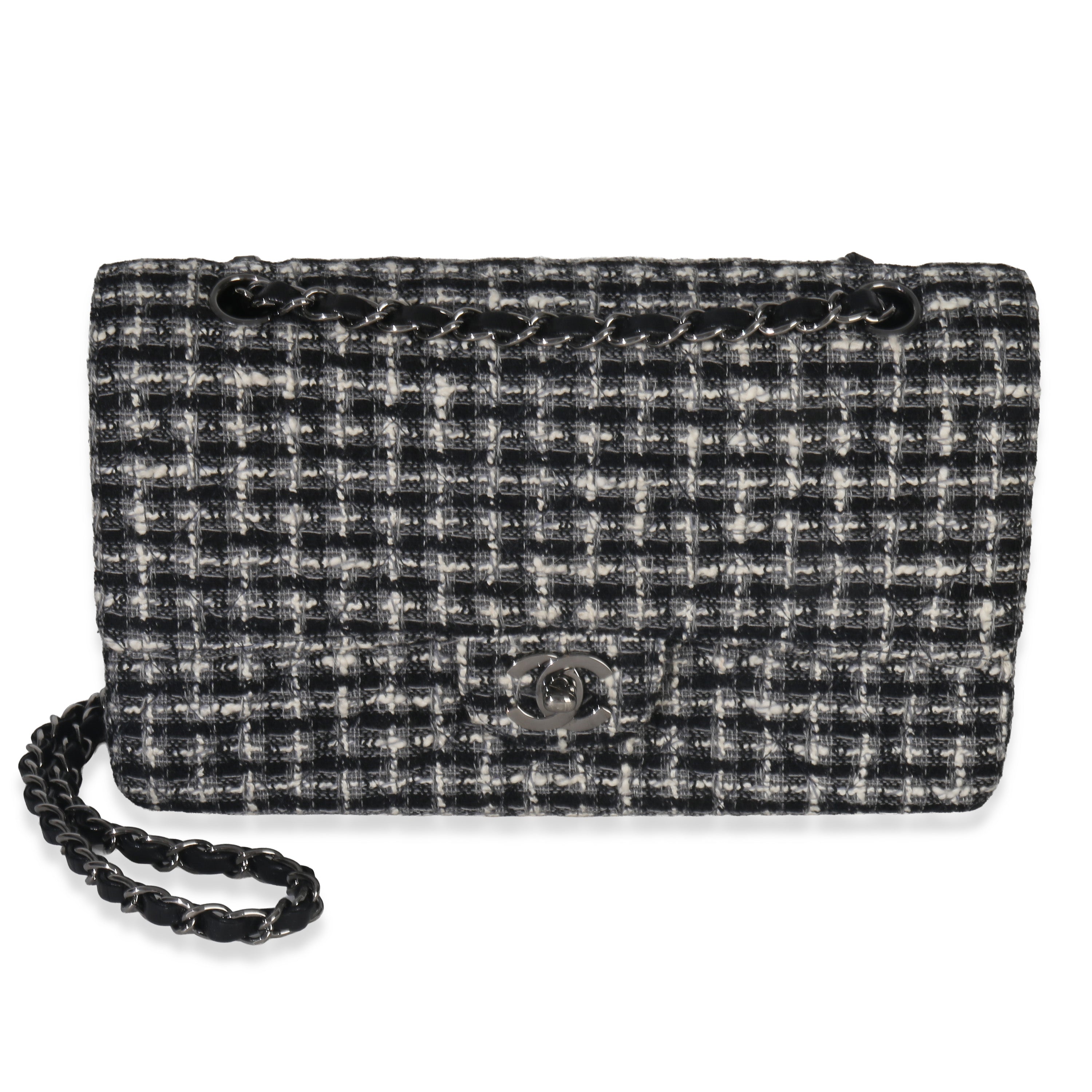 Black White Tweed Quilted Medium Classic Double Flap