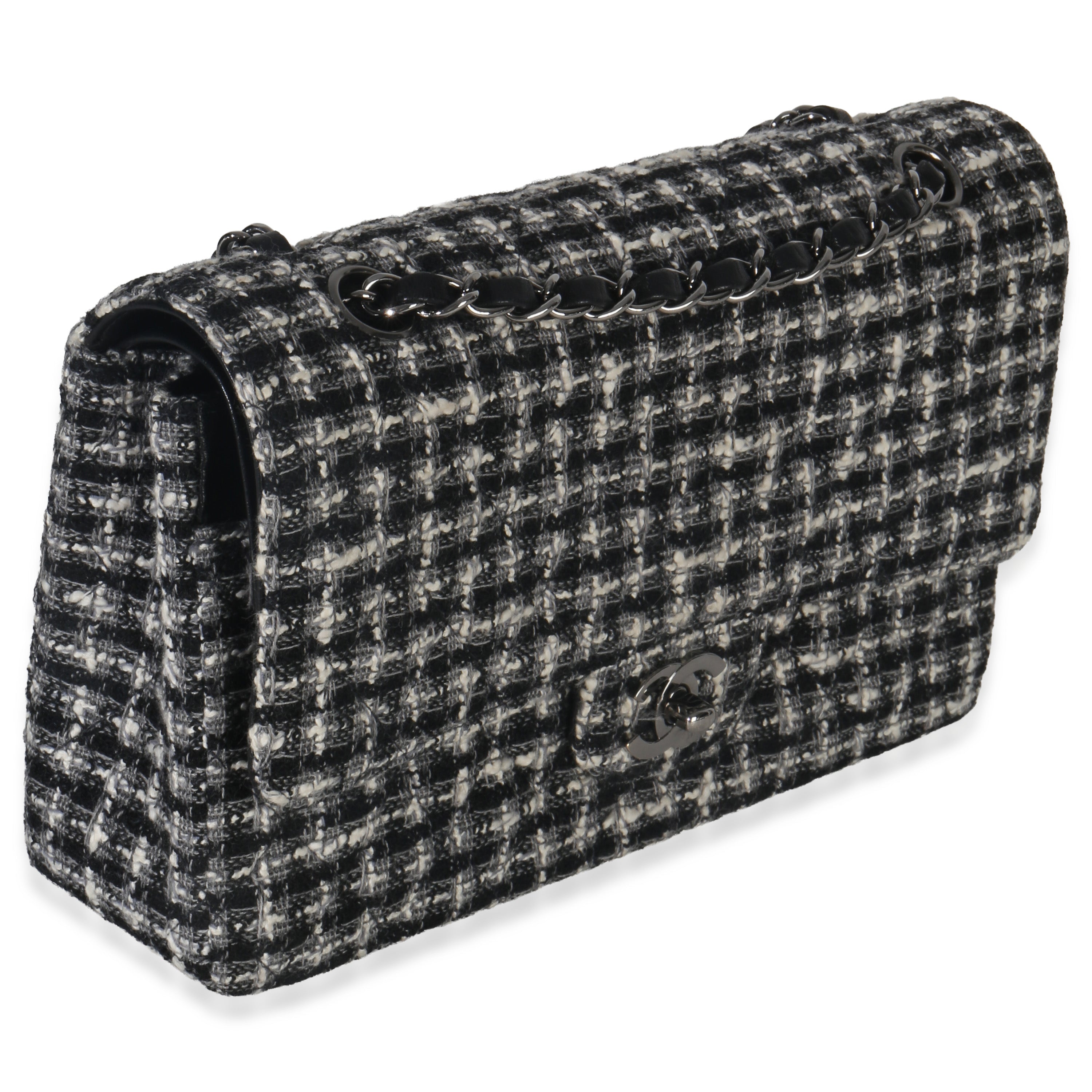 Black White Tweed Quilted Medium Classic Double Flap