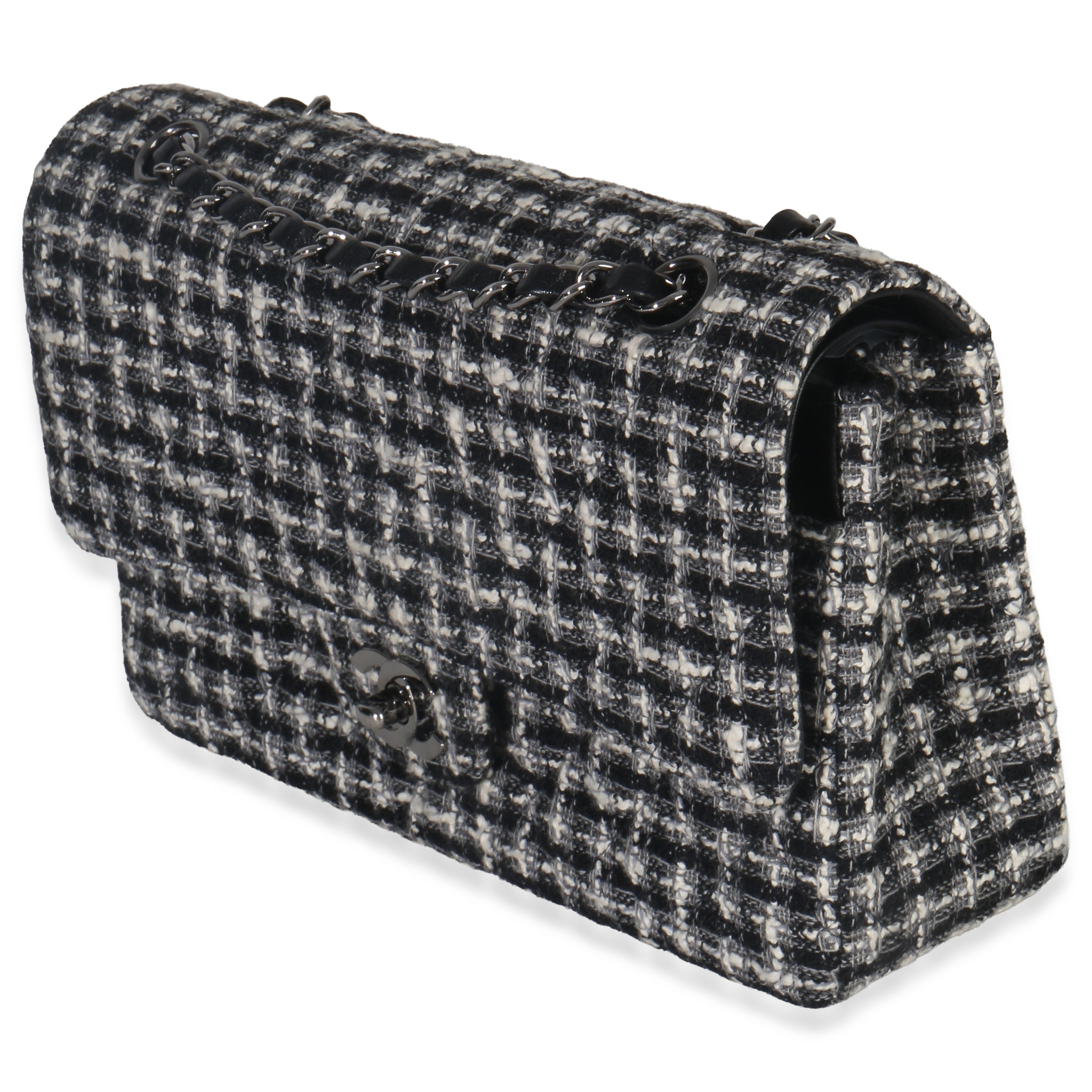 Black White Tweed Quilted Medium Classic Double Flap