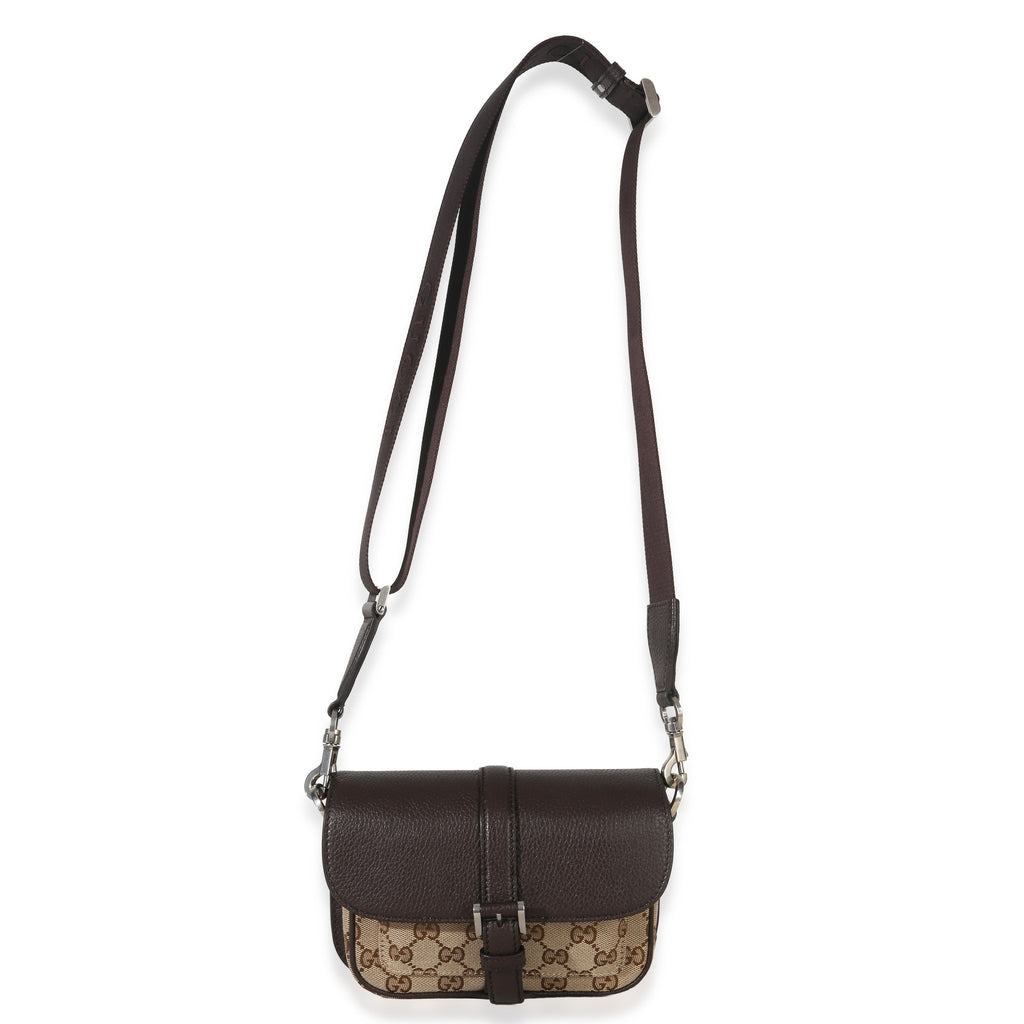 Beige Ebony GG Monogram Canvas Mini Buckle Crossbody Bag