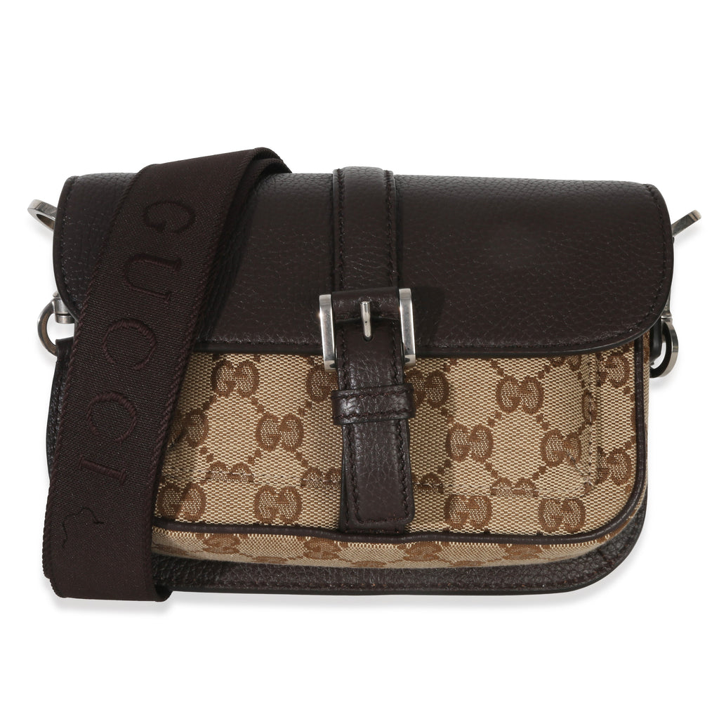 Beige Ebony GG Monogram Canvas Mini Buckle Crossbody Bag