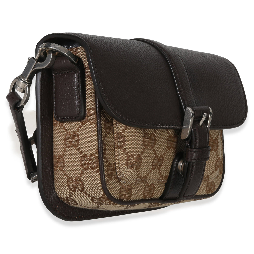 Beige Ebony GG Monogram Canvas Mini Buckle Crossbody Bag