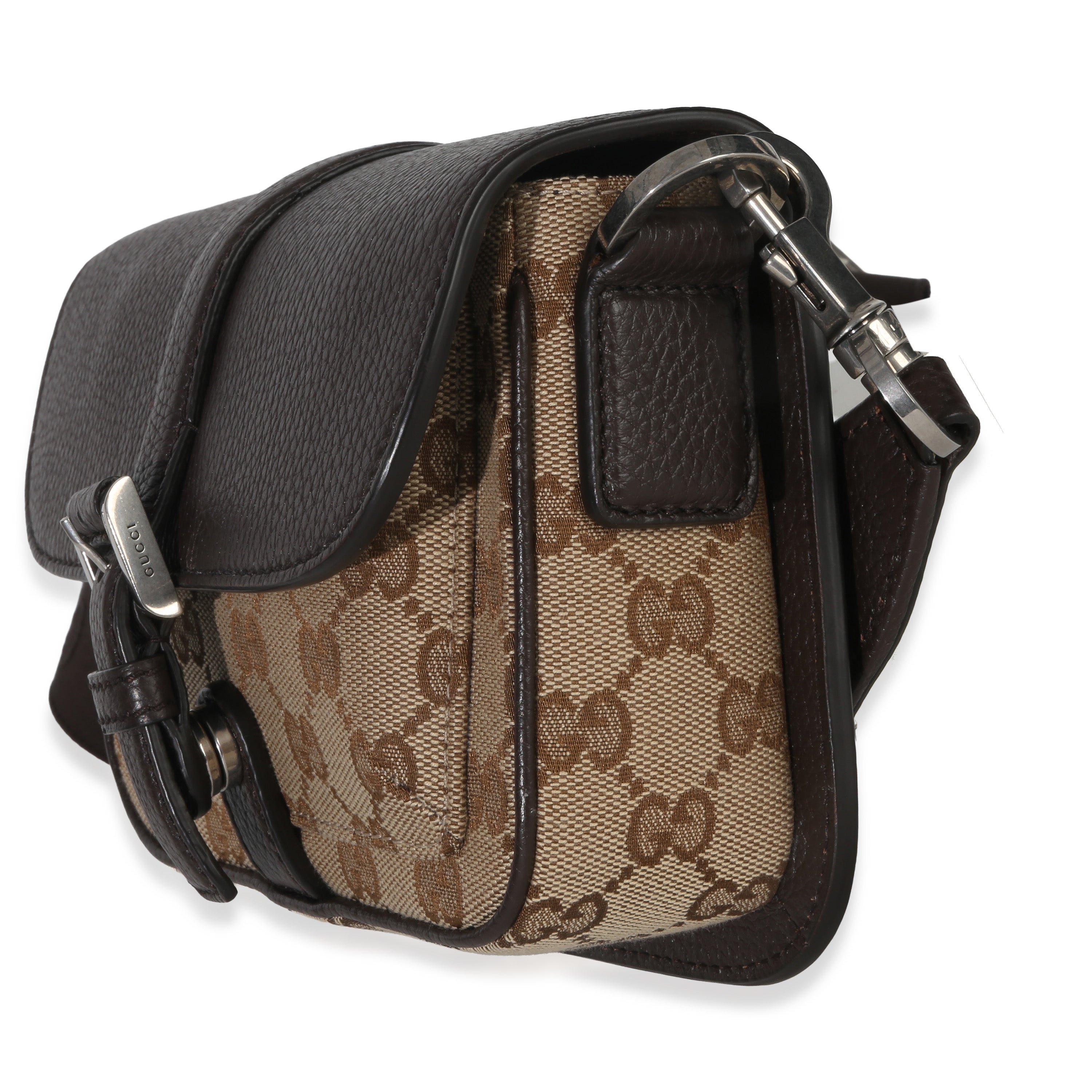Beige Ebony GG Monogram Canvas Mini Buckle Crossbody Bag