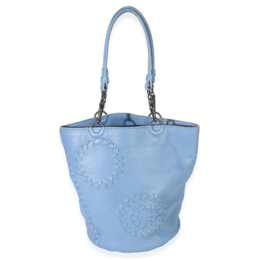 Blue Intrecciato Trimmed Cervo Small Bucket Bag