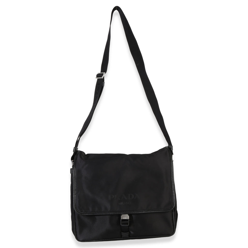 Black Nylon Saffiano Logo Buckle Messenger Bag