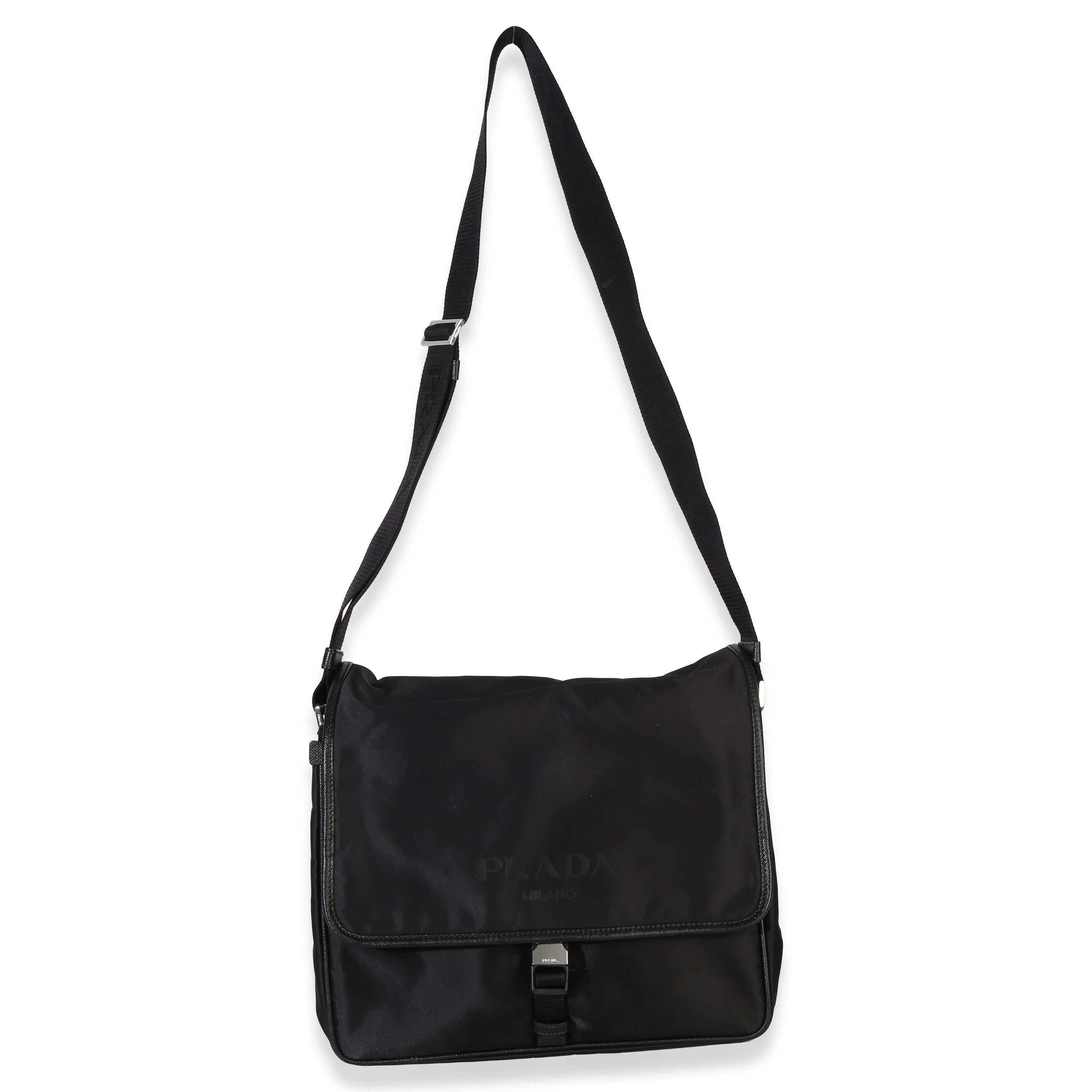 Black Nylon Saffiano Logo Buckle Messenger Bag