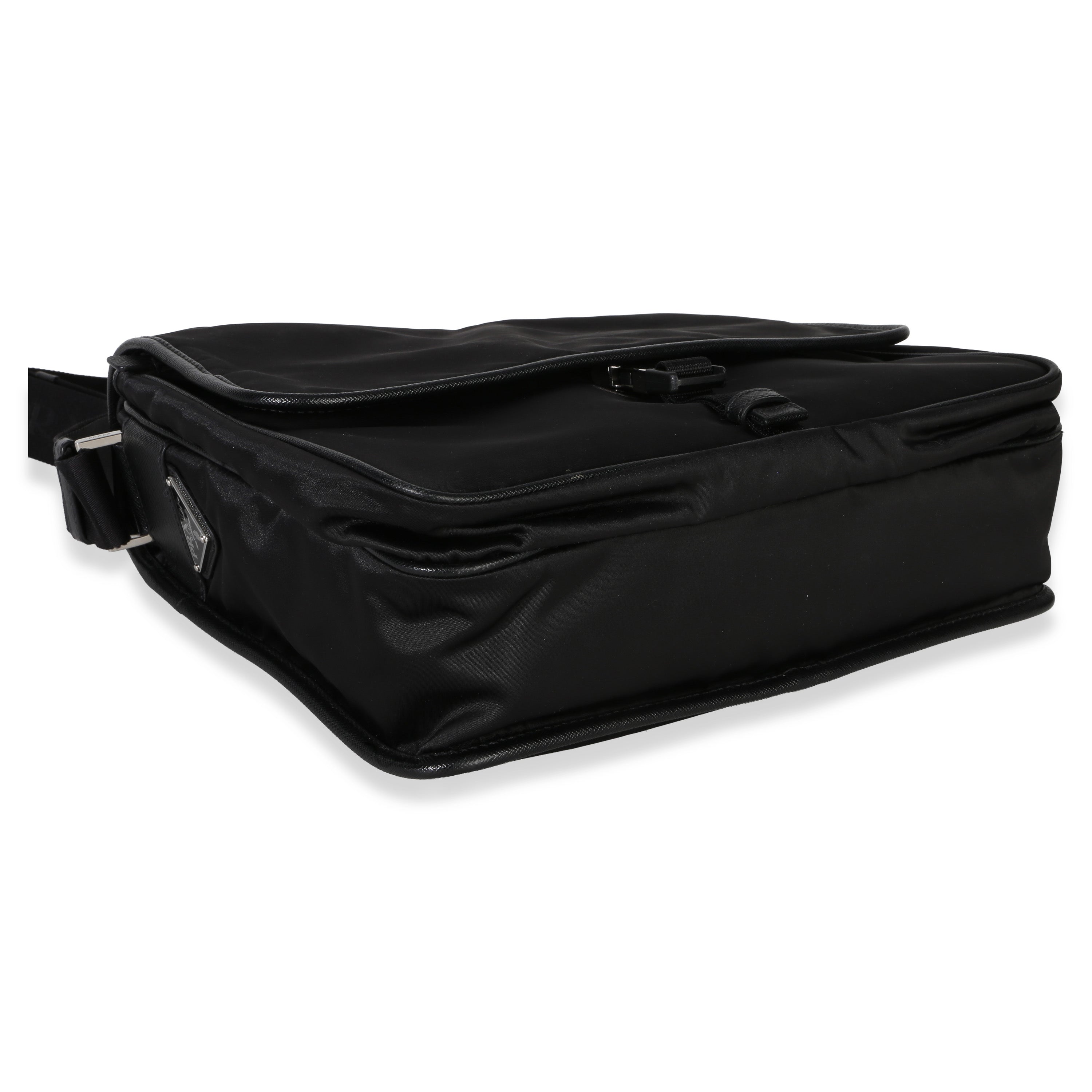 Black Nylon Saffiano Logo Buckle Messenger Bag