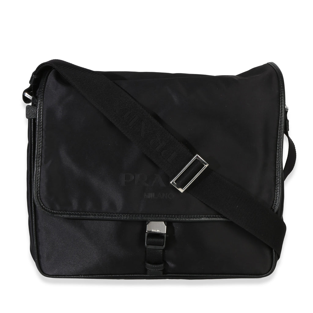 Black Nylon Saffiano Logo Buckle Messenger Bag