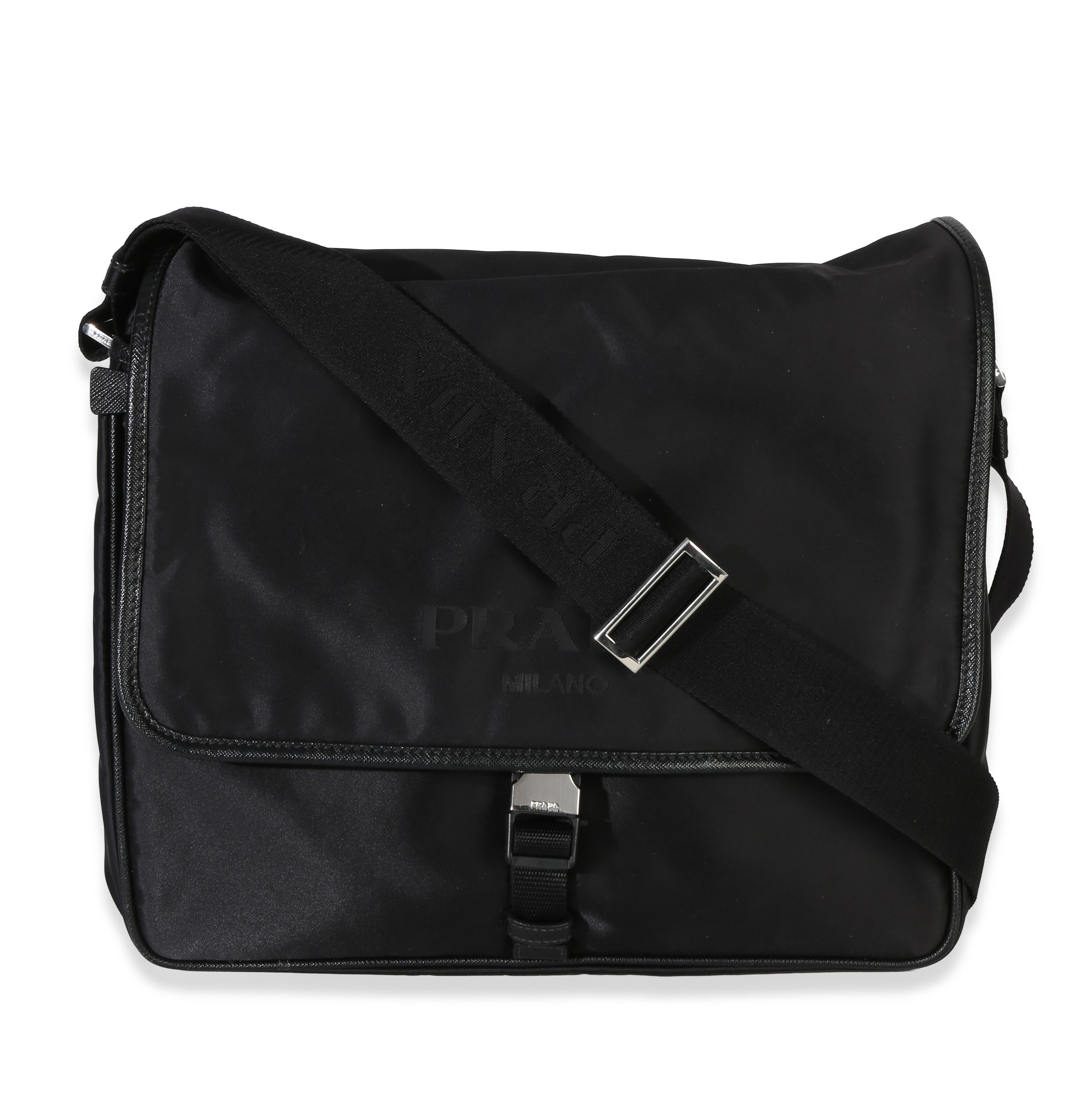 Black Nylon Saffiano Logo Buckle Messenger Bag