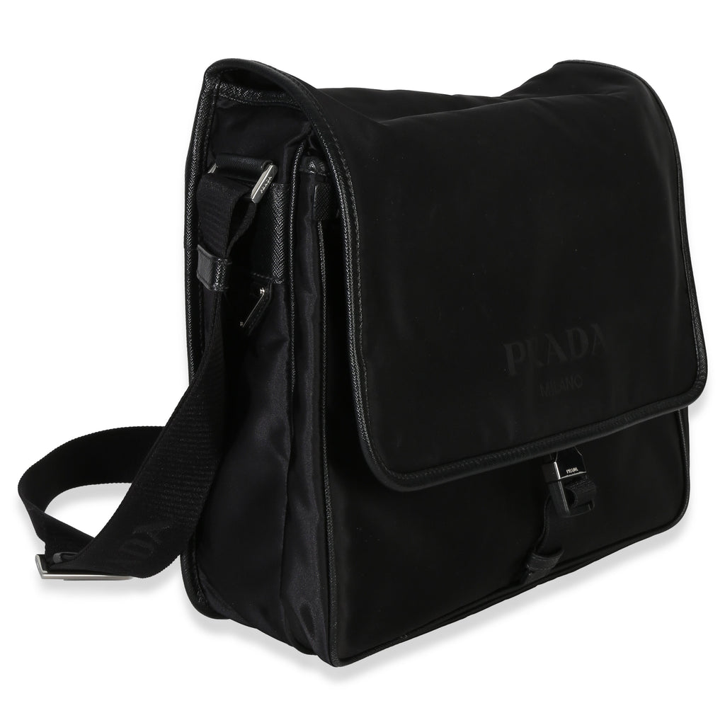 Black Nylon Saffiano Logo Buckle Messenger Bag