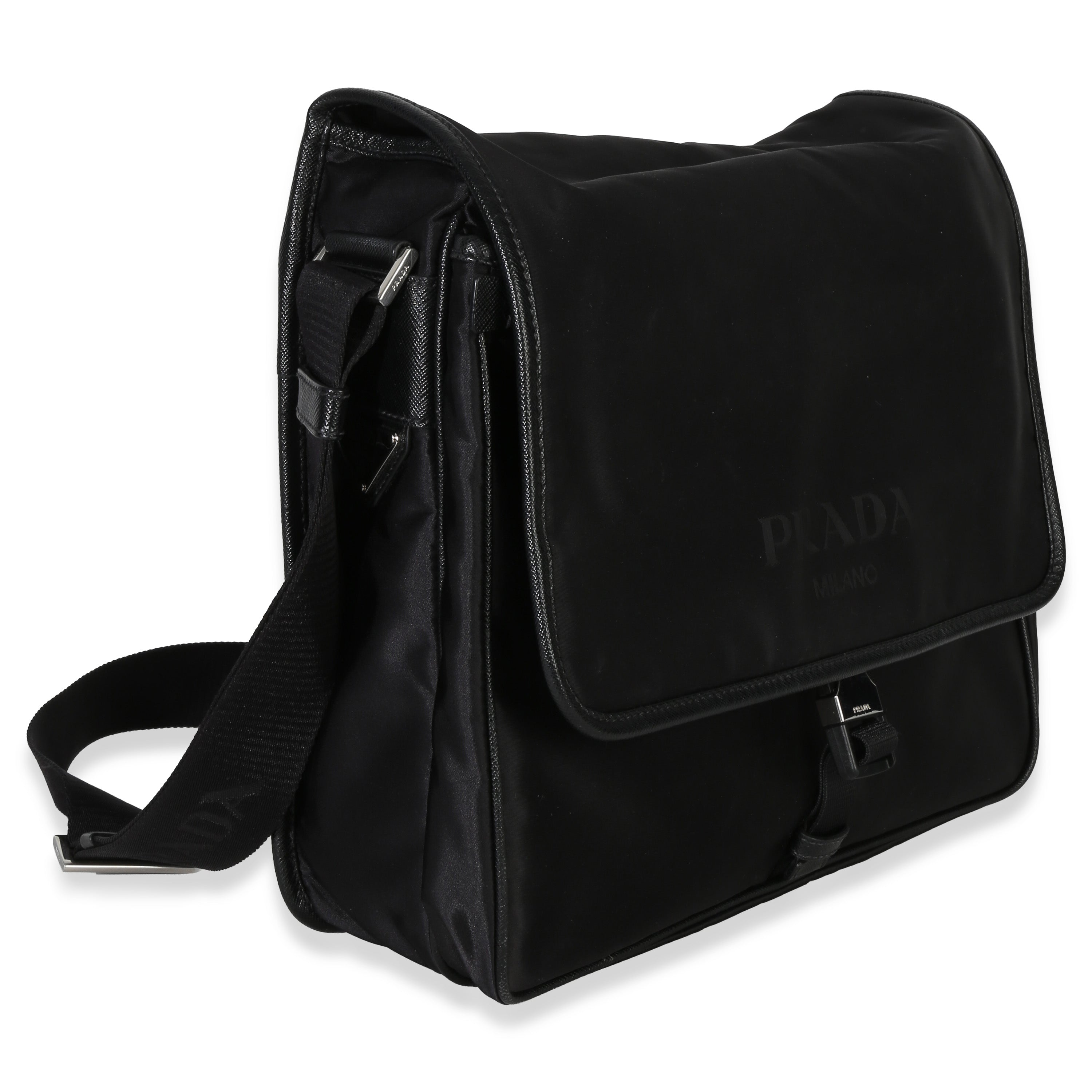 Black Nylon Saffiano Logo Buckle Messenger Bag