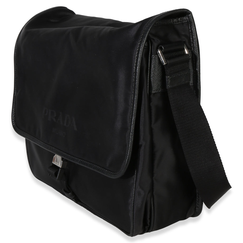Black Nylon Saffiano Logo Buckle Messenger Bag