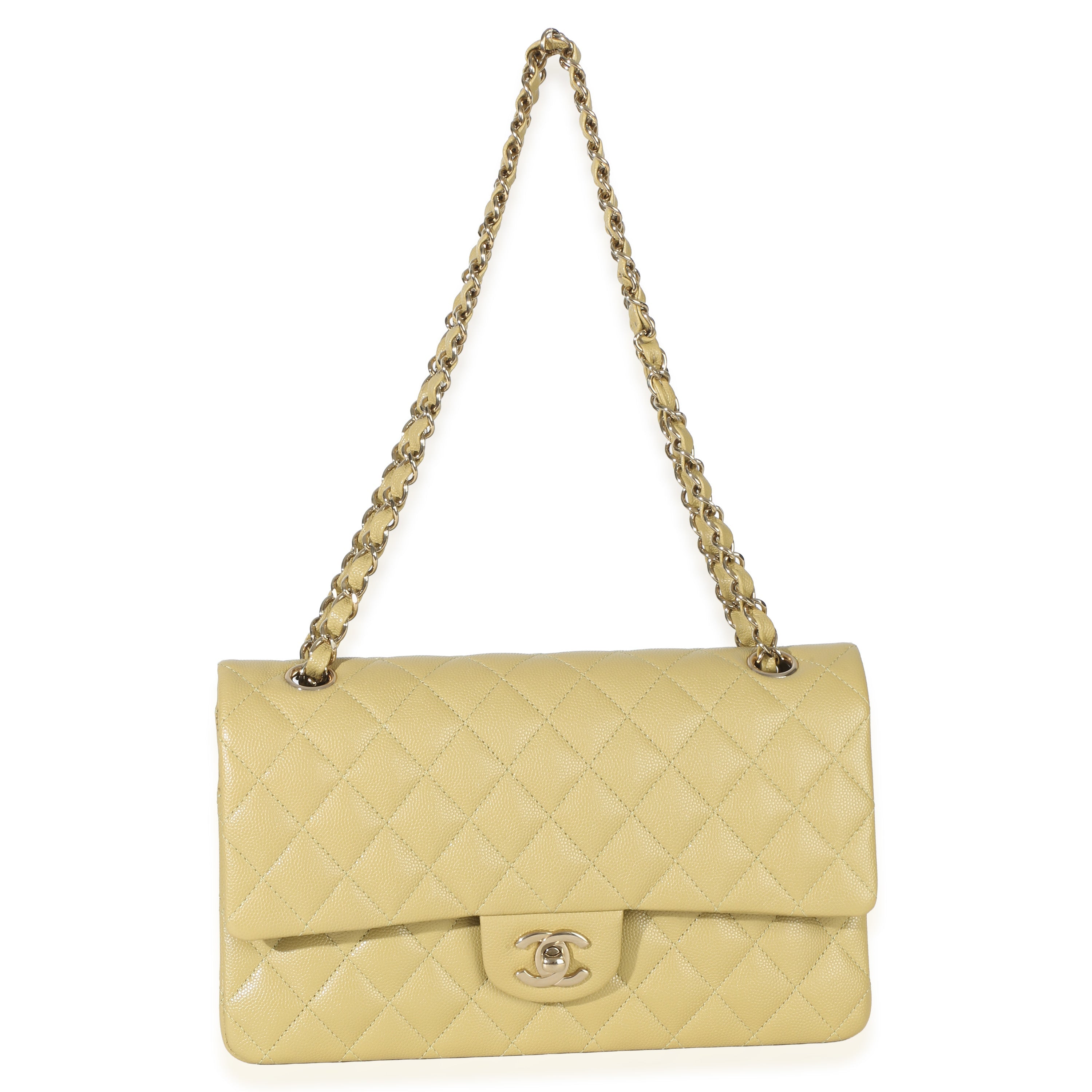 Olive Quilted Caviar Medium Classic Double Flap Handbag