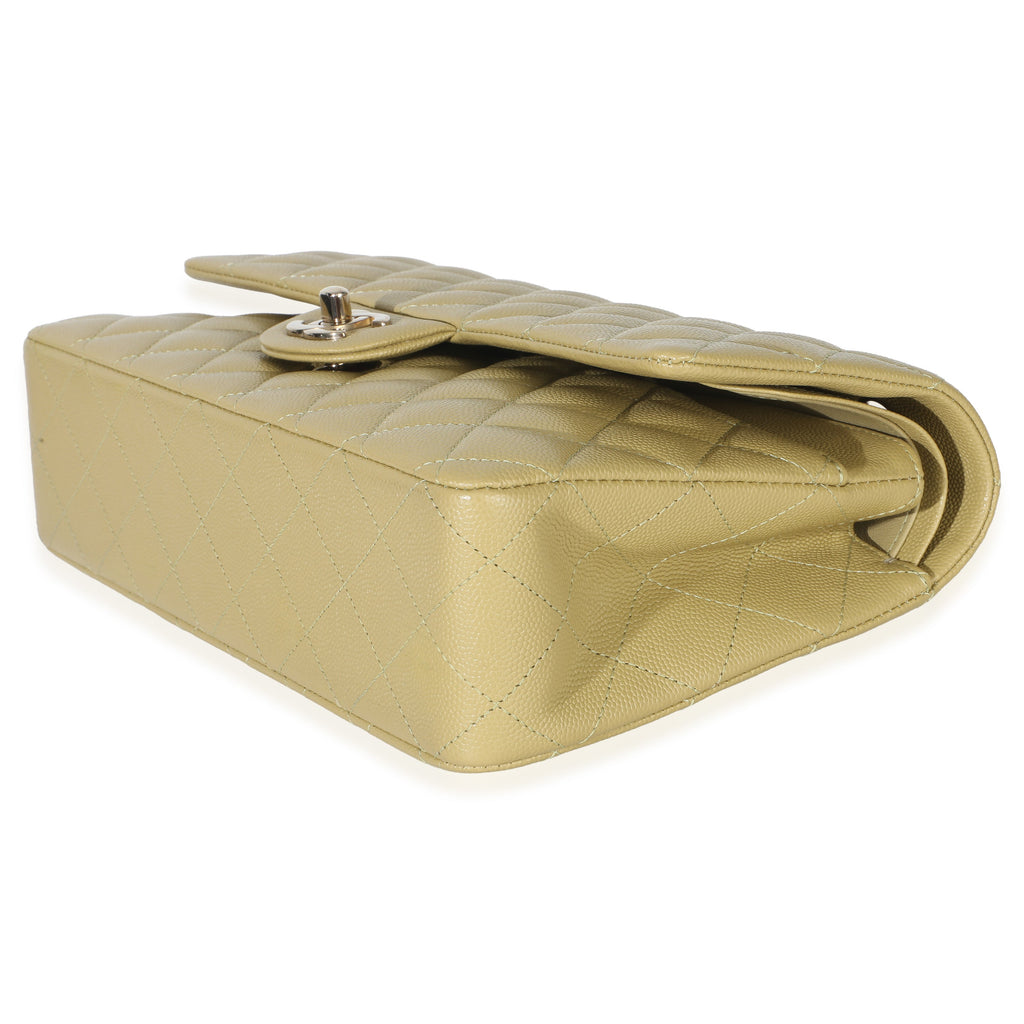 Olive Quilted Caviar Medium Classic Double Flap Handbag