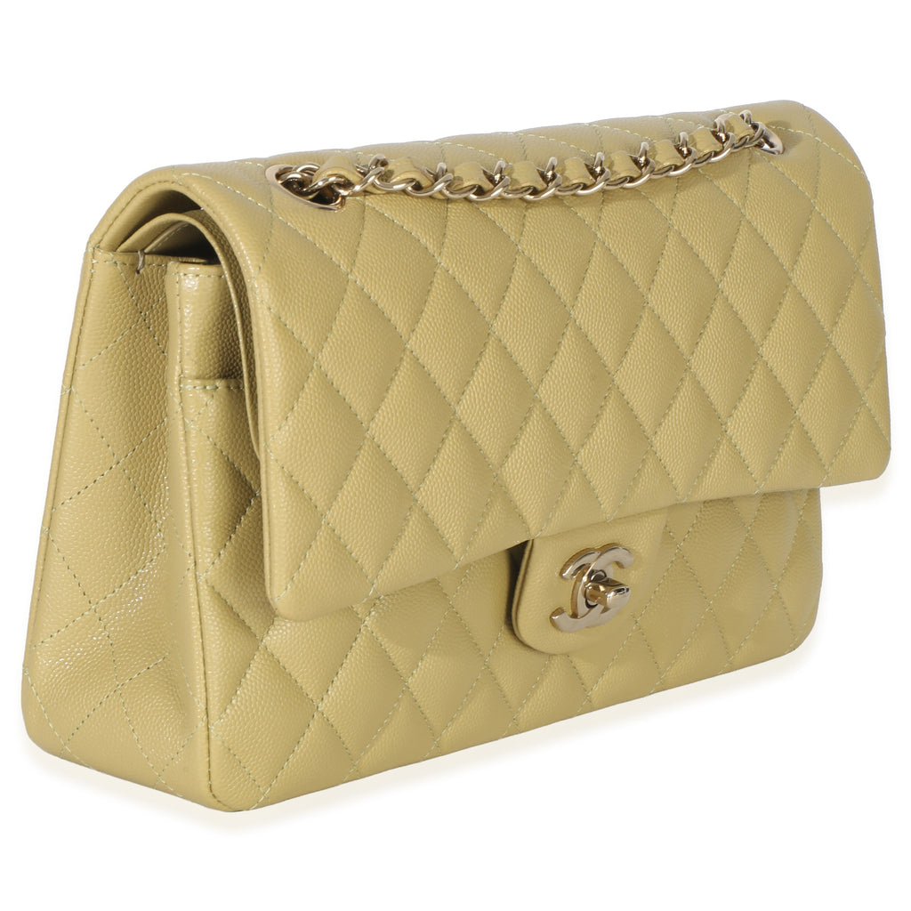 Olive Quilted Caviar Medium Classic Double Flap Handbag