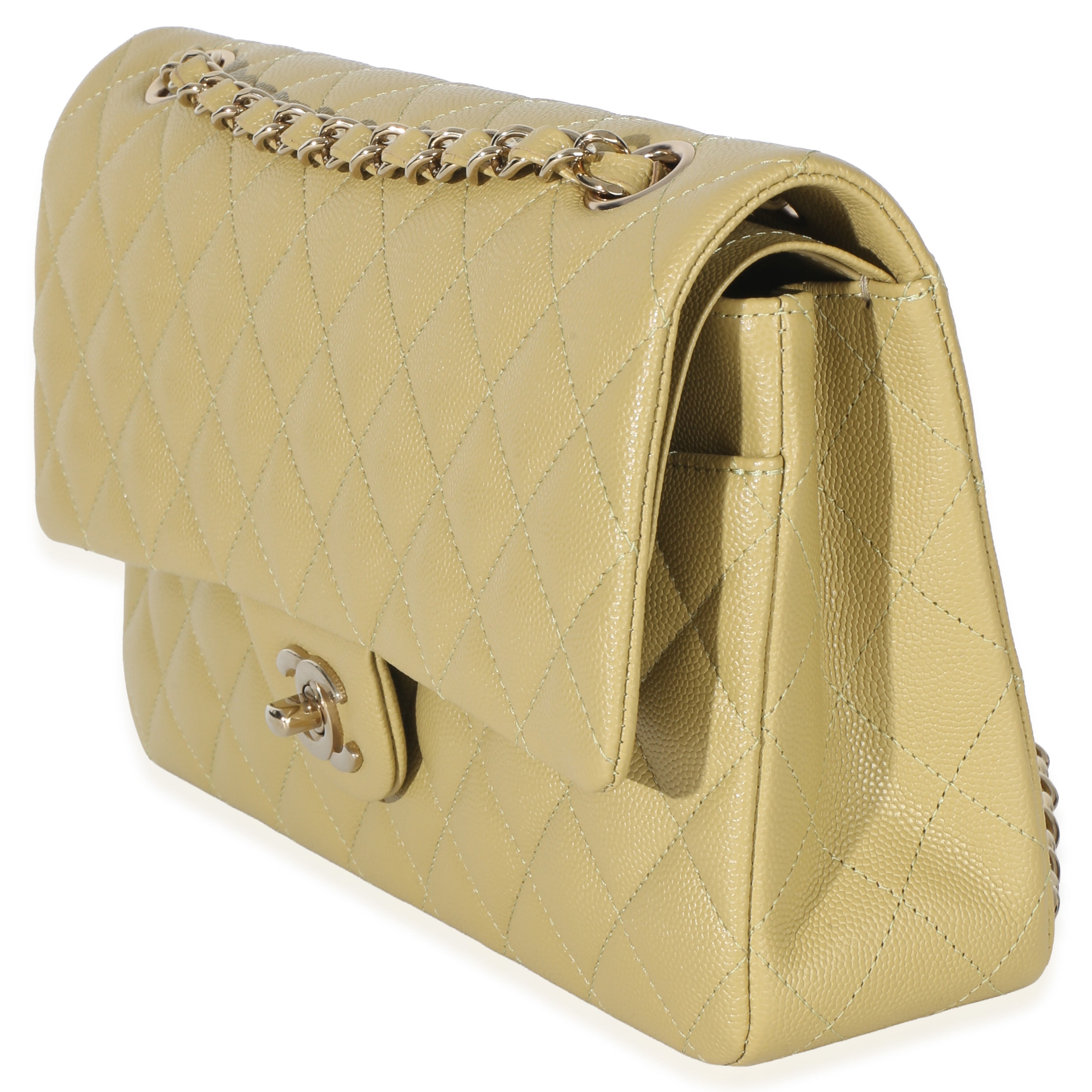 Olive Quilted Caviar Medium Classic Double Flap Handbag