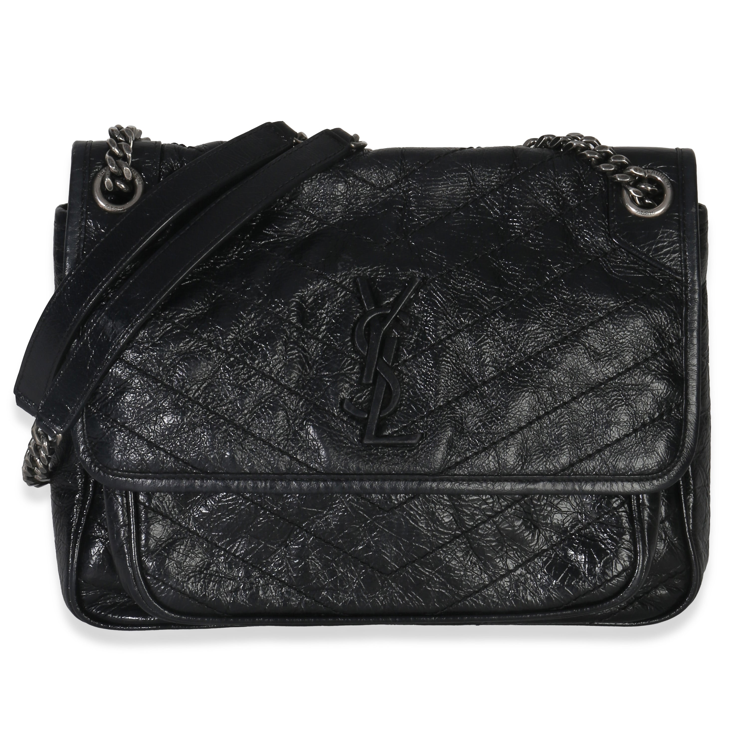 Black Crinkled Calfskin Matelasse Medium Niki Chain Satchel