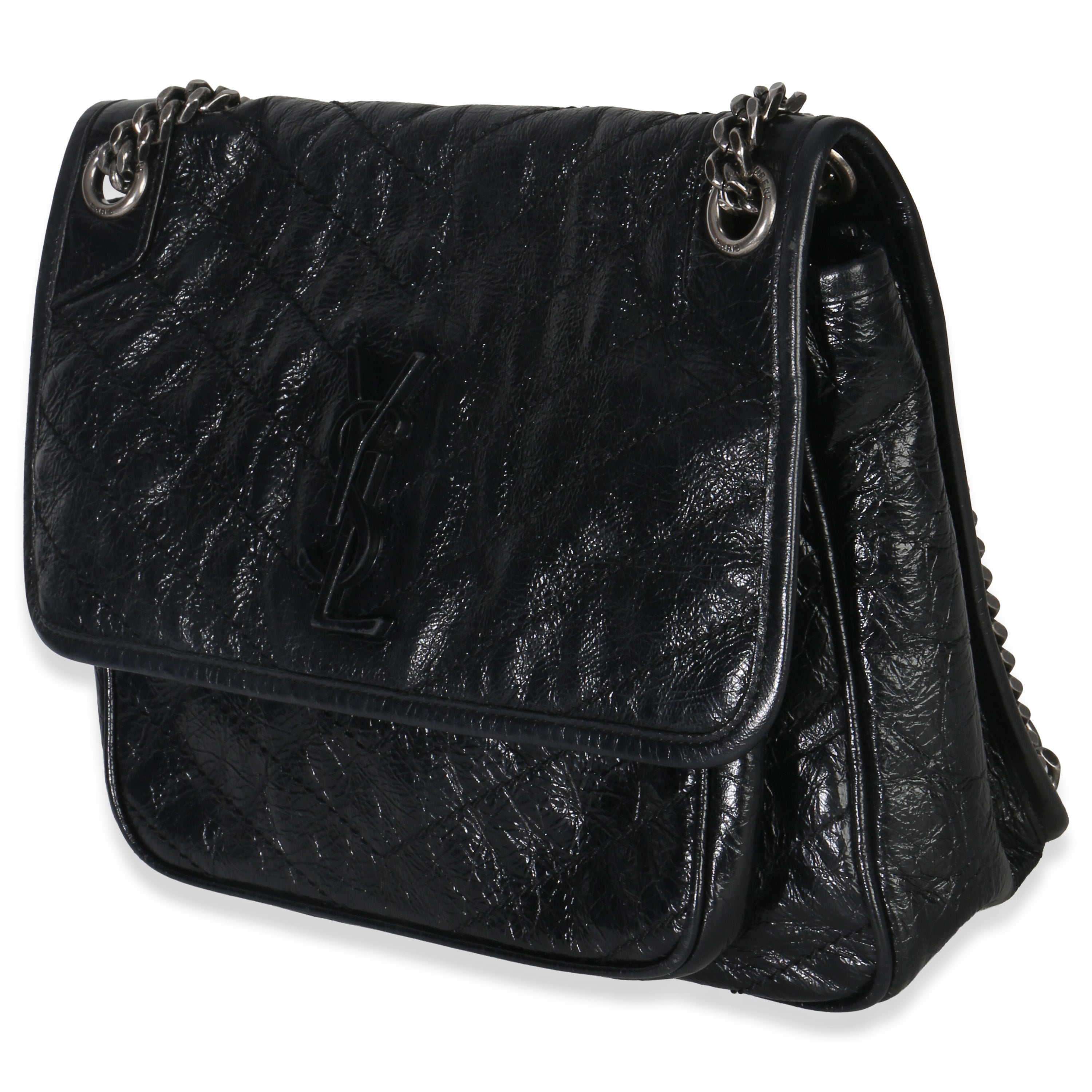 Black Crinkled Calfskin Matelasse Medium Niki Chain Satchel