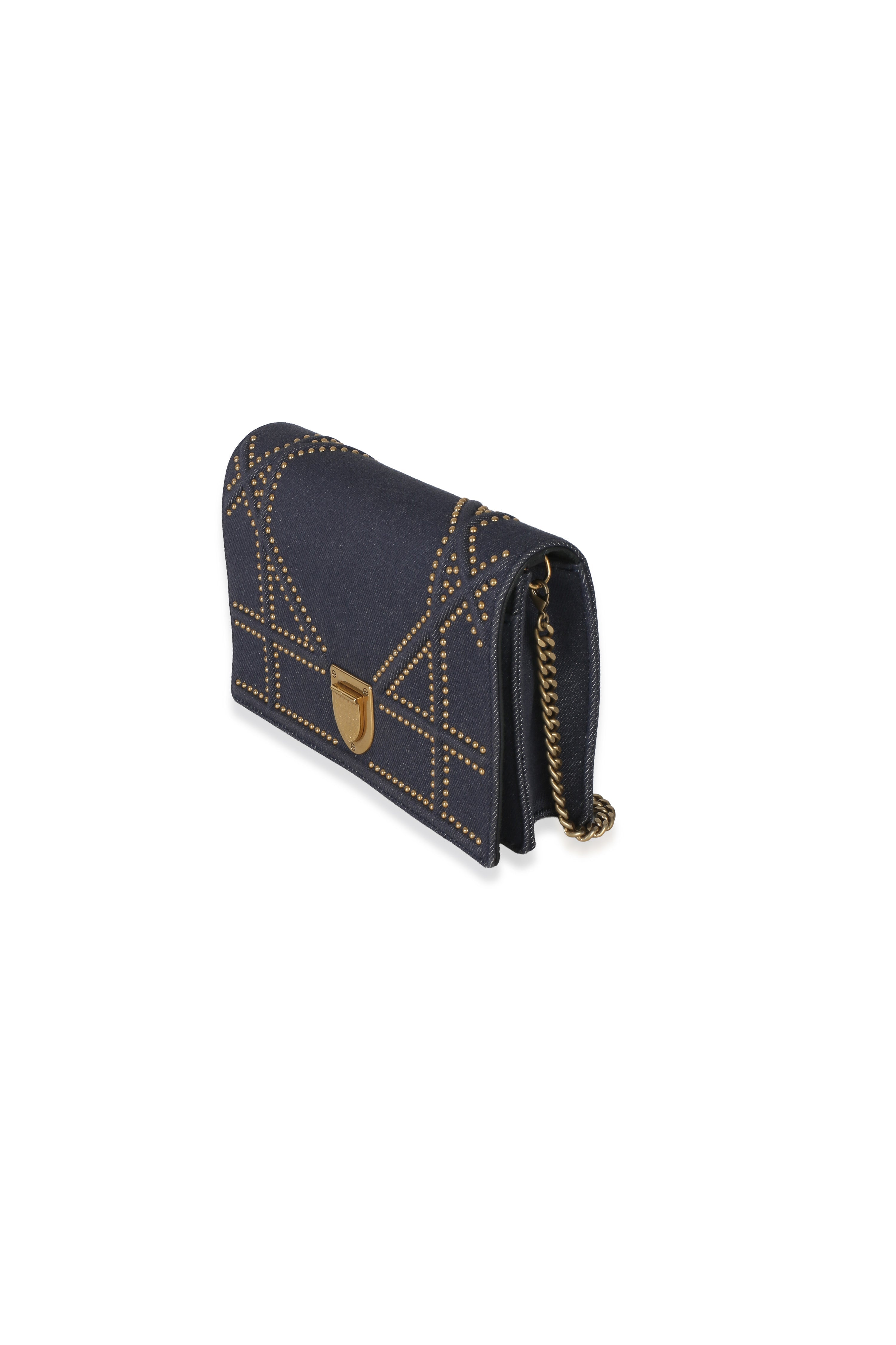 Blue Denim Studded Diorama Wallet On Chain