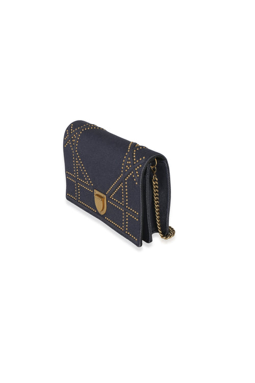 Blue Denim Studded Diorama Wallet On Chain