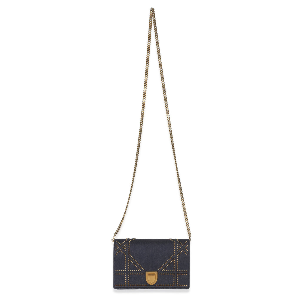 Blue Denim Studded Diorama Wallet On Chain