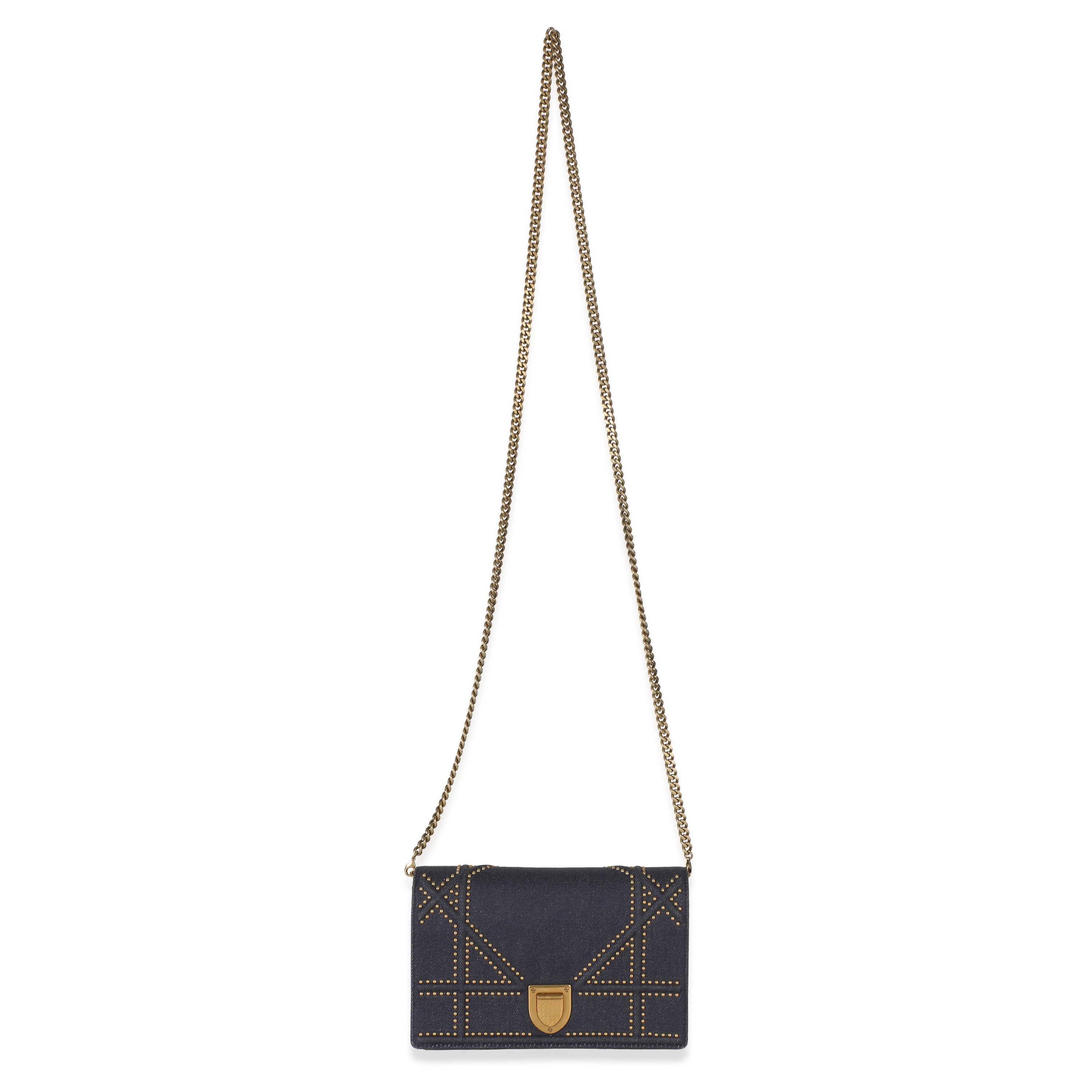 Blue Denim Studded Diorama Wallet On Chain