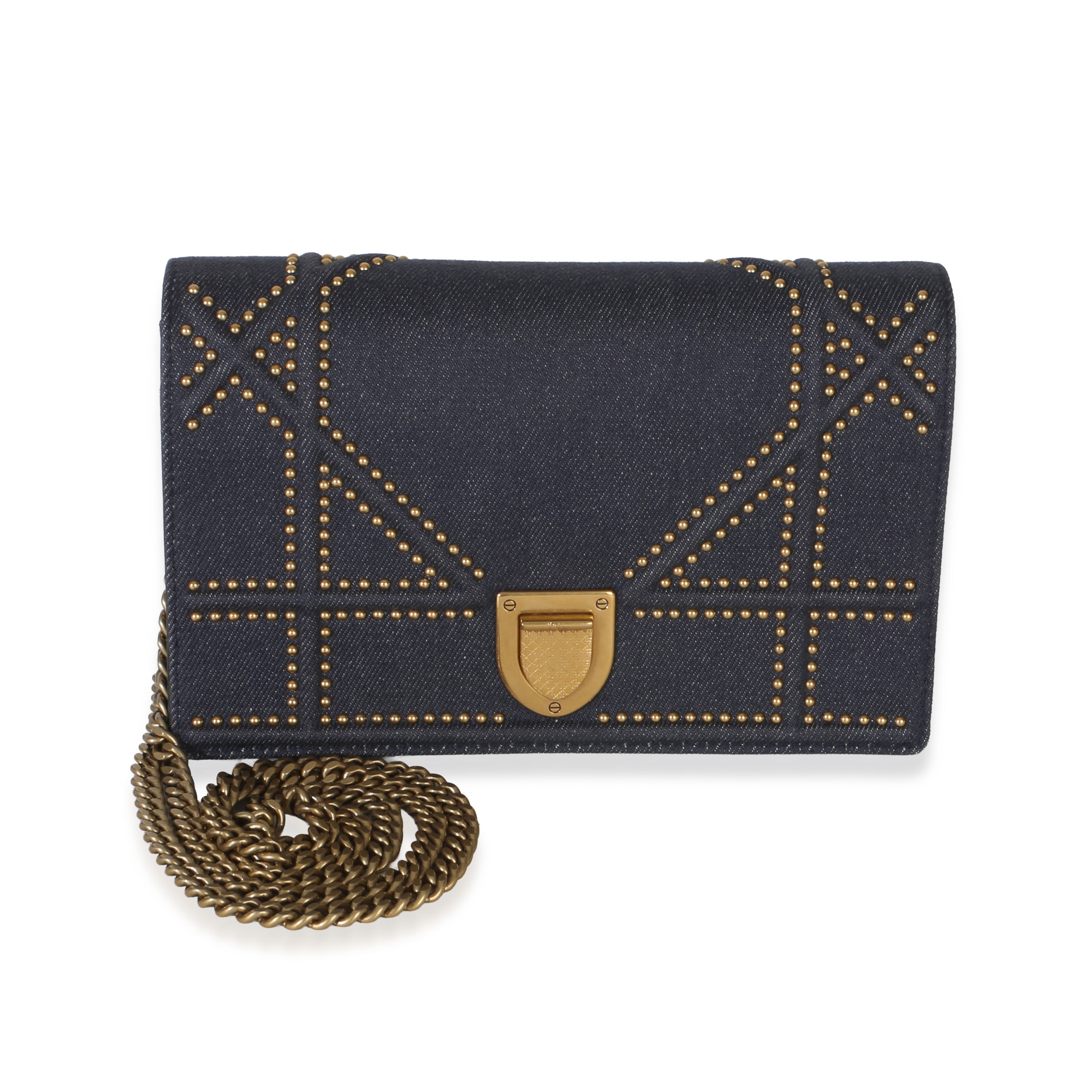 Blue Denim Studded Diorama Wallet On Chain