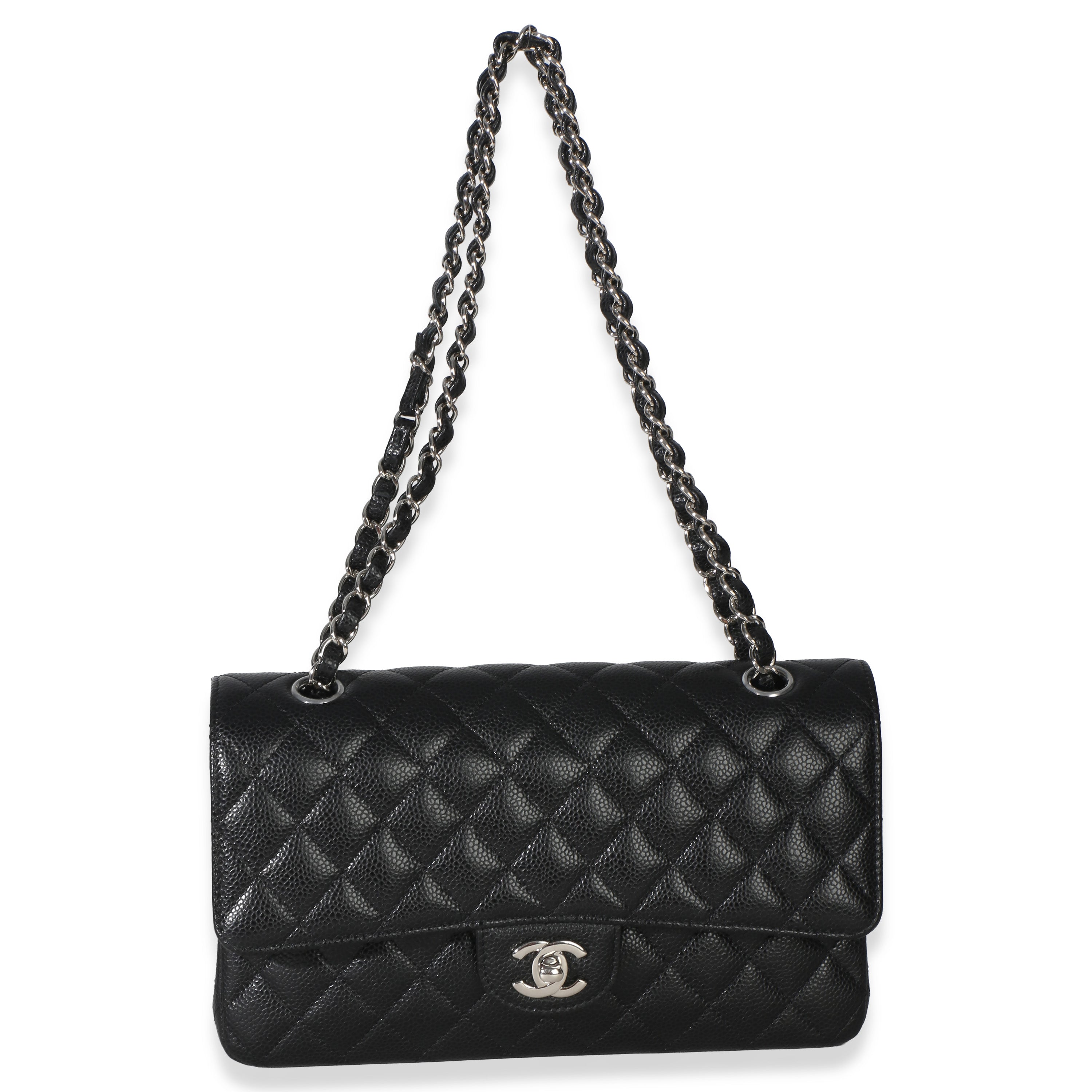 Black Quilted Caviar Medium Classic Double Flap Handbag