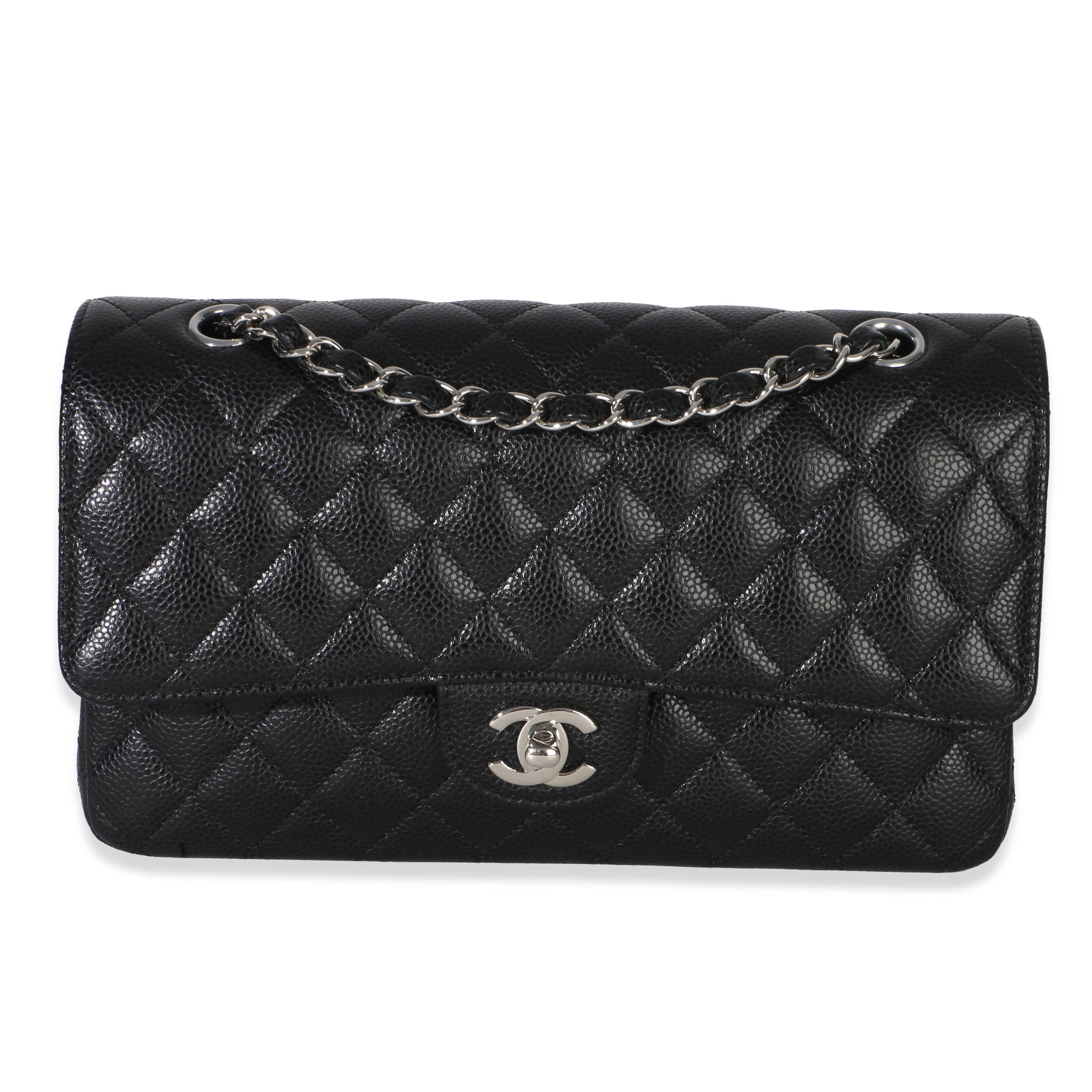 Black Quilted Caviar Medium Classic Double Flap Handbag