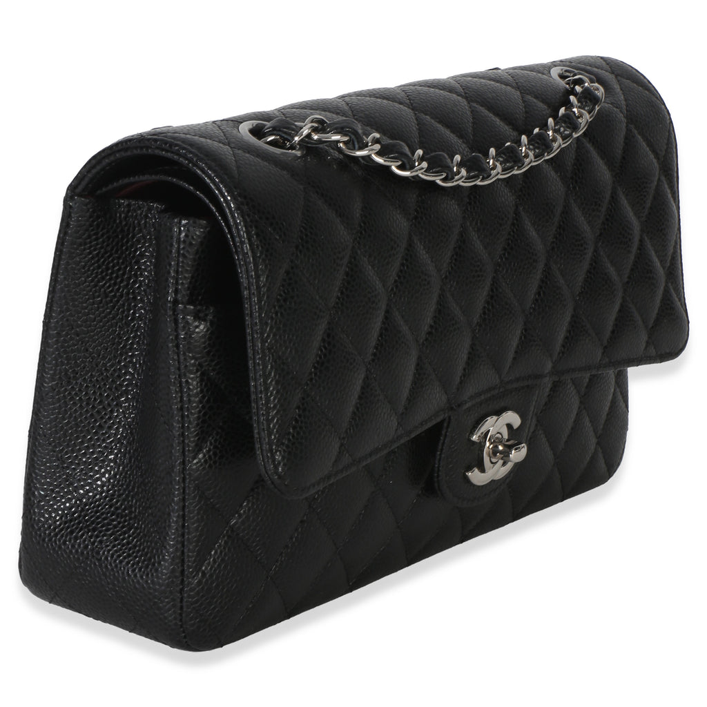 Black Quilted Caviar Medium Classic Double Flap Handbag