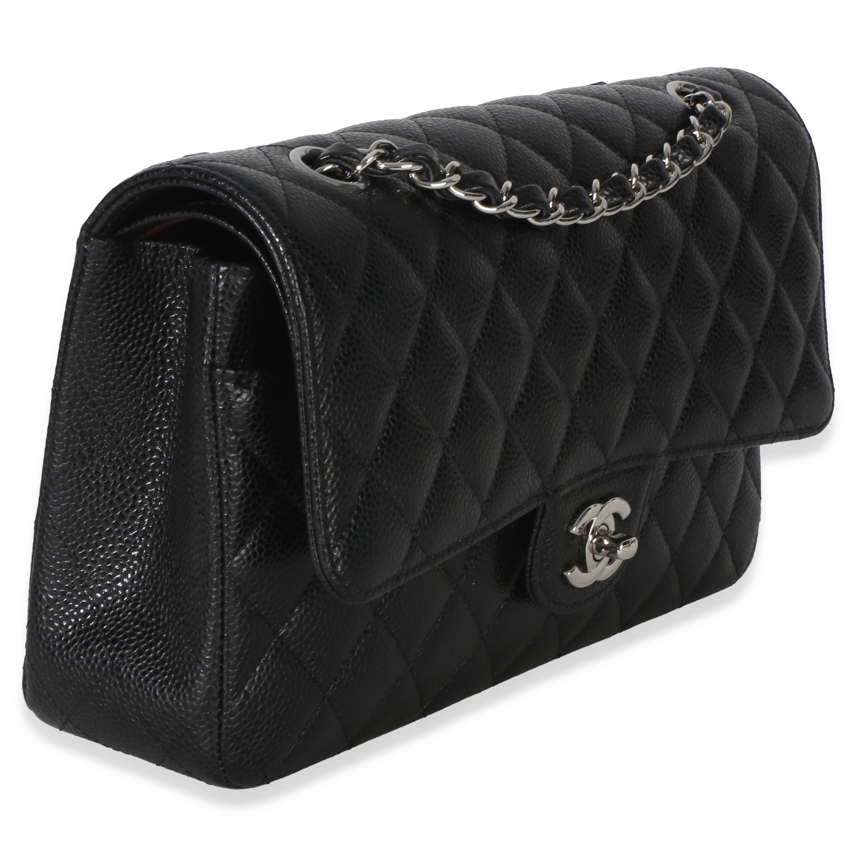 Black Quilted Caviar Medium Classic Double Flap Handbag