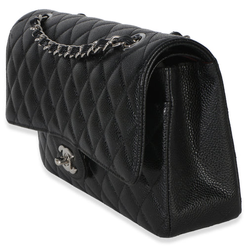 Black Quilted Caviar Medium Classic Double Flap Handbag