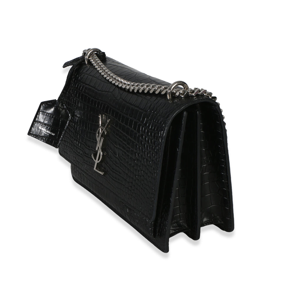 Black Croc Embossed Calfskin Medium Monogram Sunset Bag