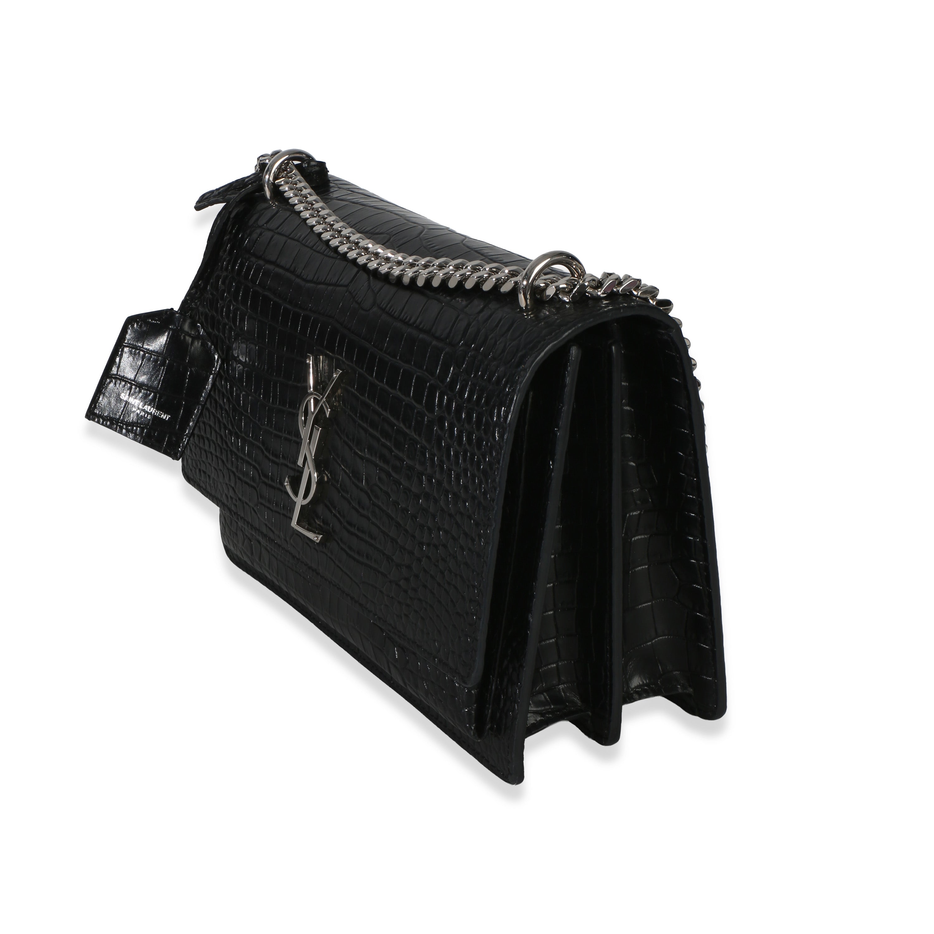 Black Croc Embossed Calfskin Medium Monogram Sunset Bag