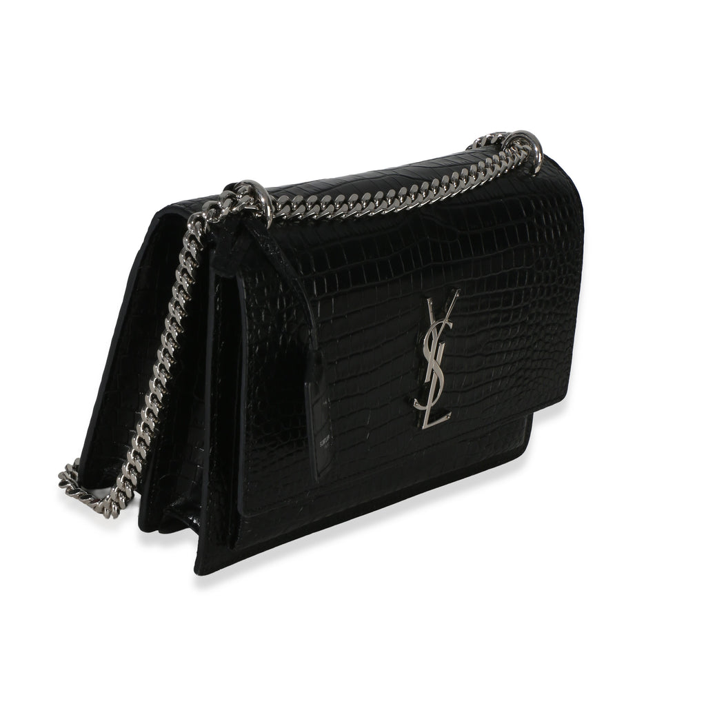 Black Croc Embossed Calfskin Medium Monogram Sunset Bag