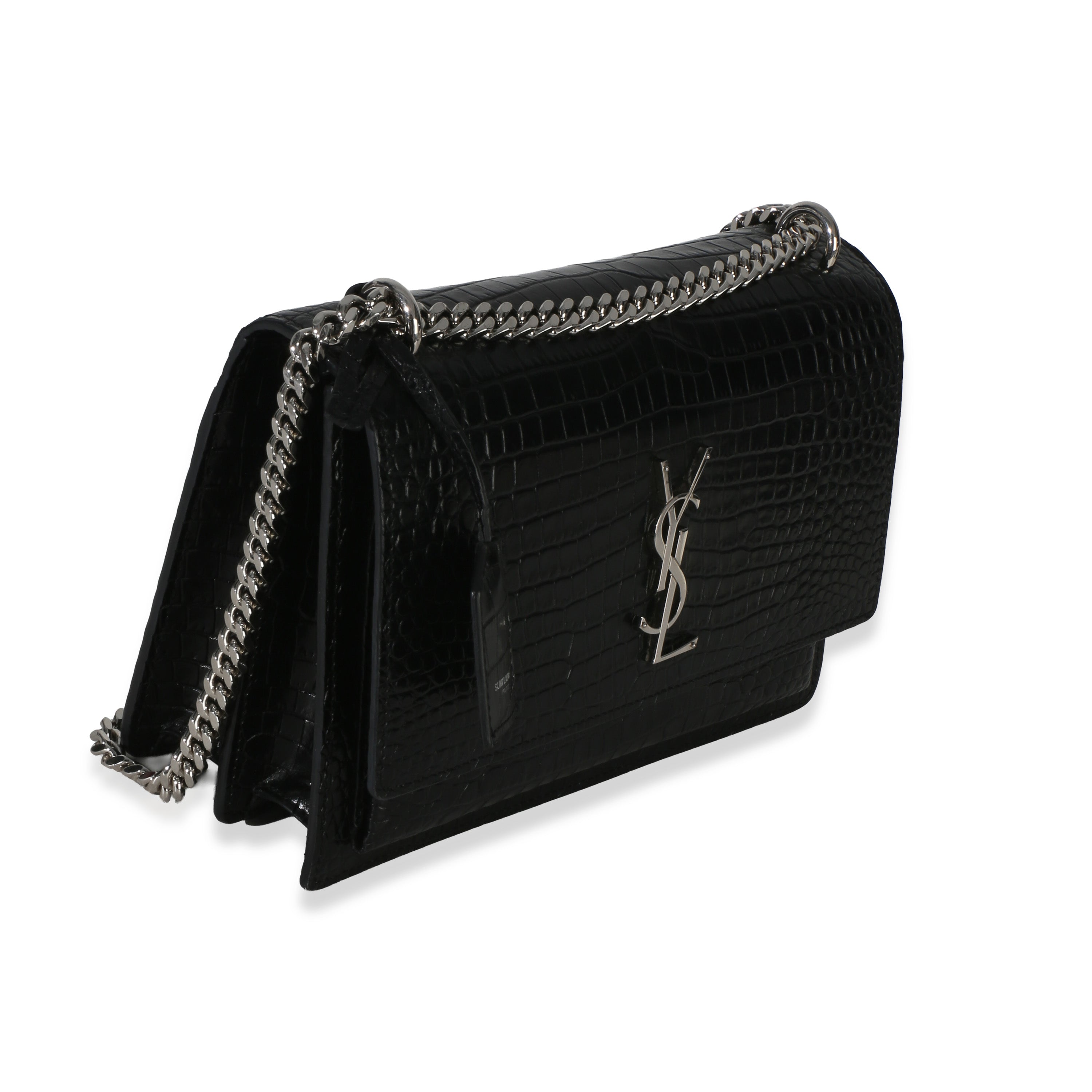 Black Croc Embossed Calfskin Medium Monogram Sunset Bag