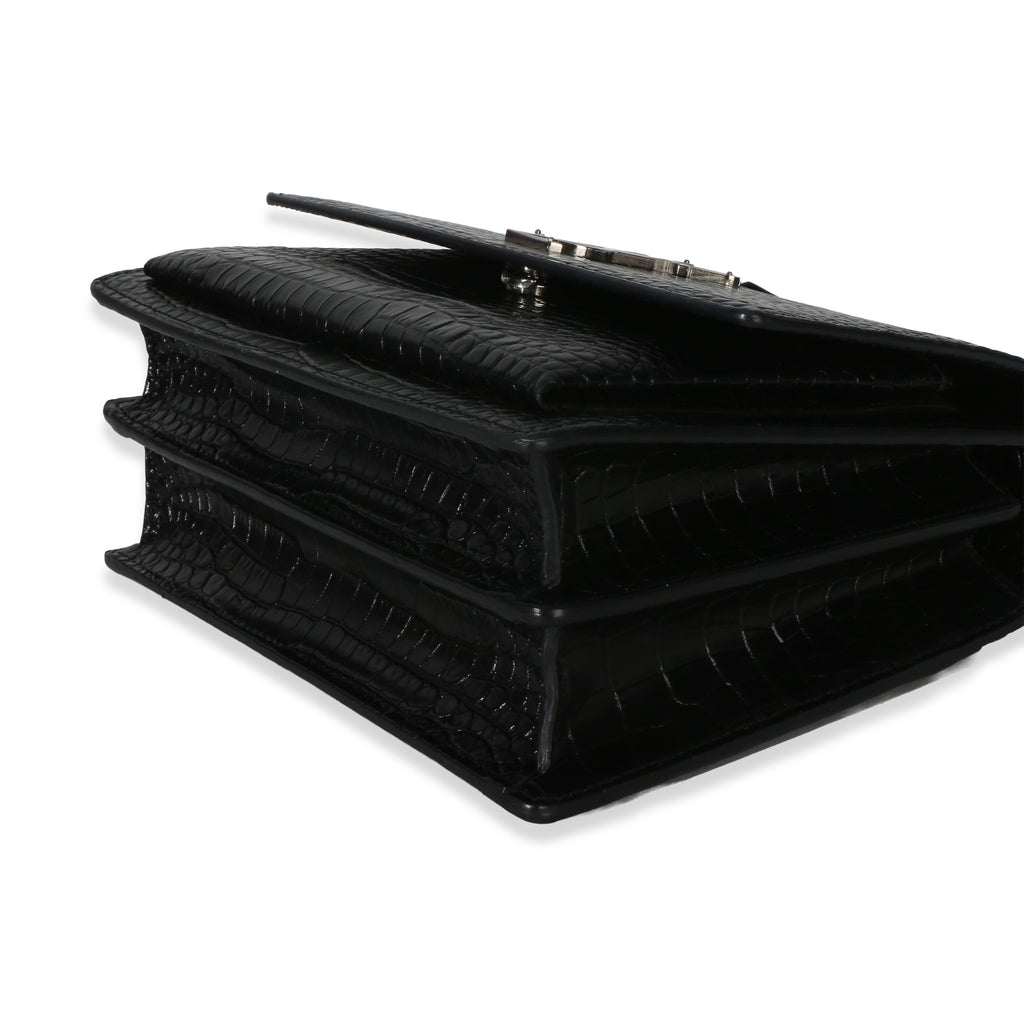 Black Croc Embossed Calfskin Medium Monogram Sunset Bag