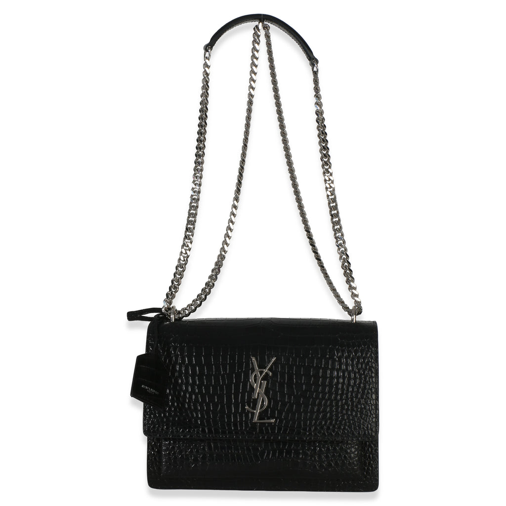 Black Croc Embossed Calfskin Medium Monogram Sunset Bag