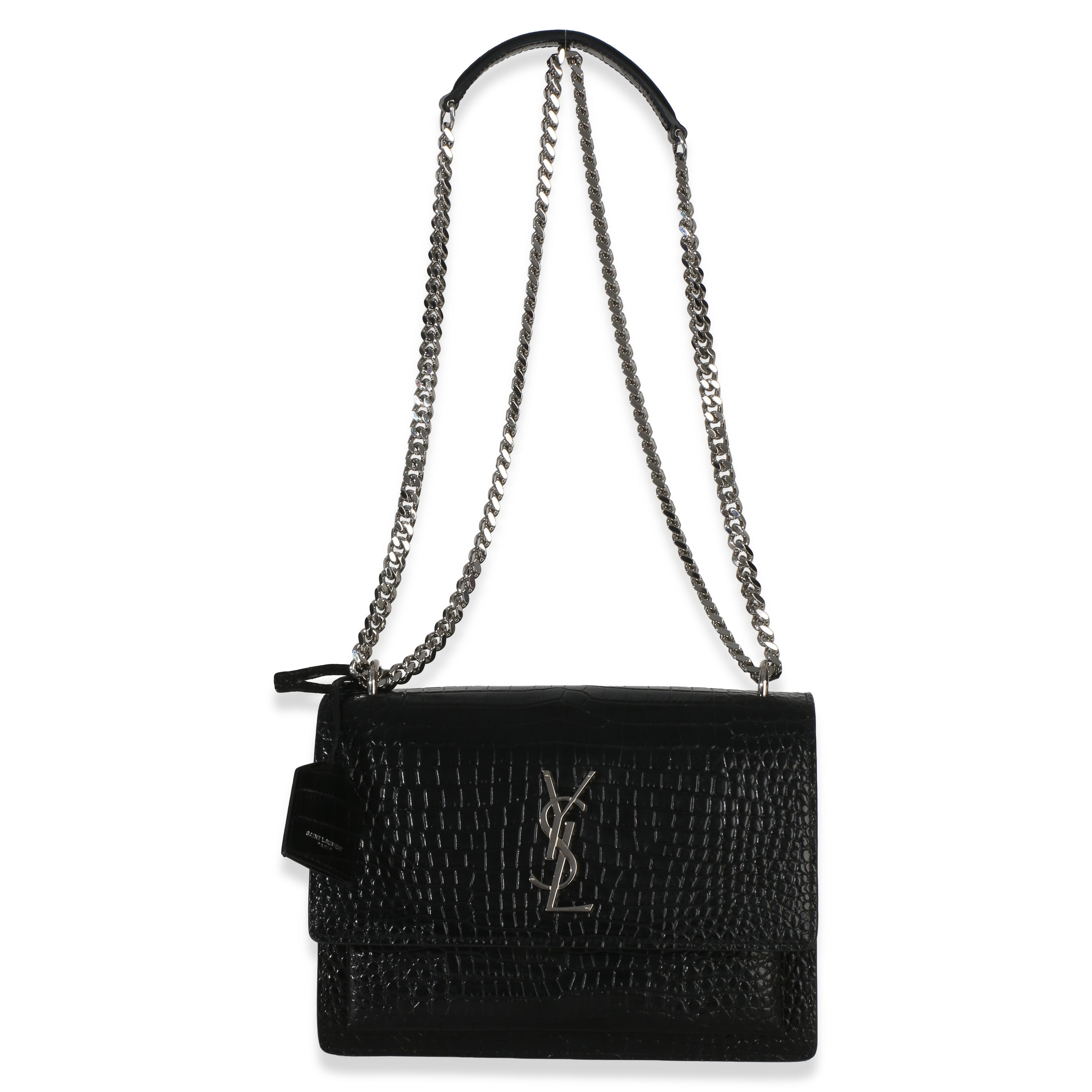Black Croc Embossed Calfskin Medium Monogram Sunset Bag