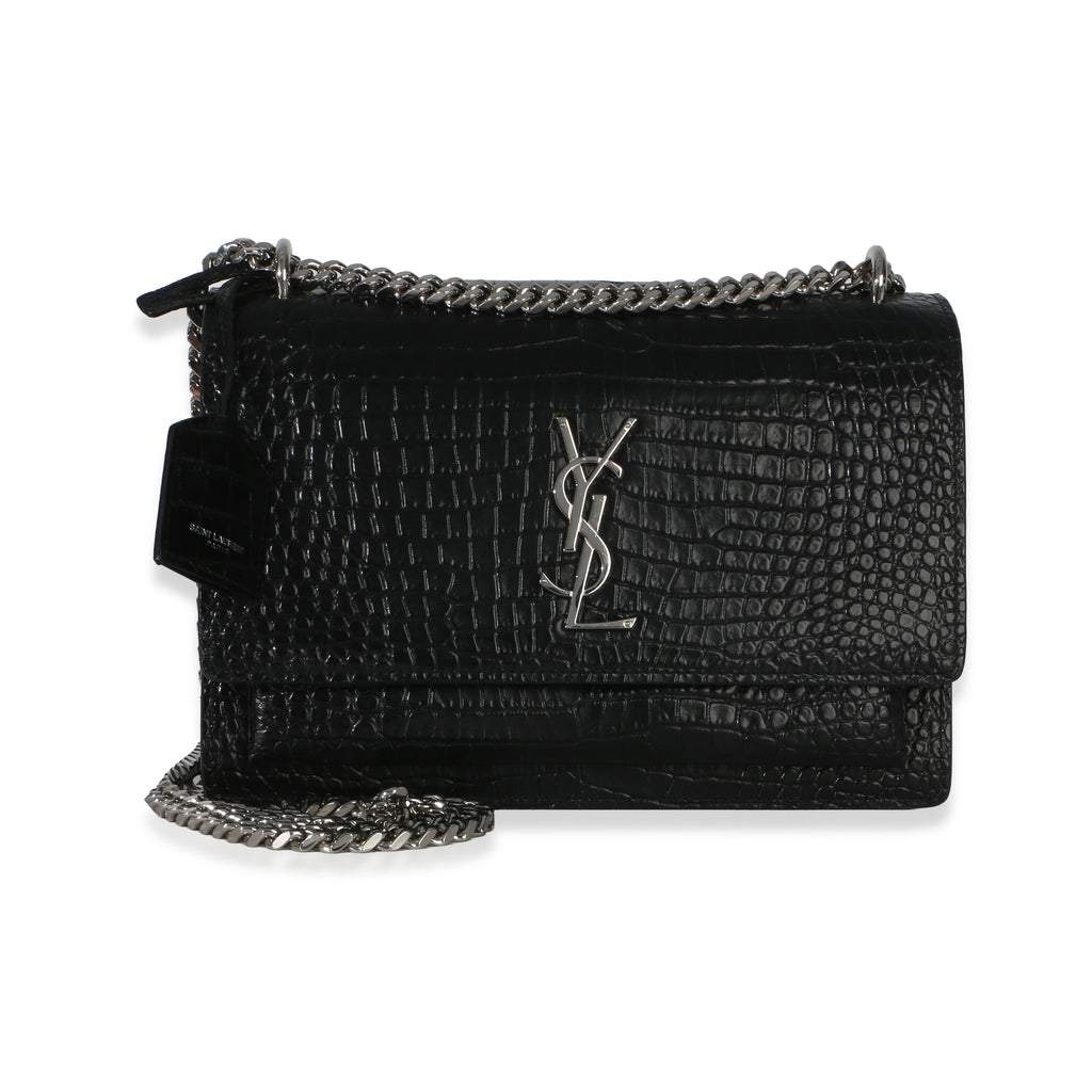 Black Croc Embossed Calfskin Medium Monogram Sunset Bag