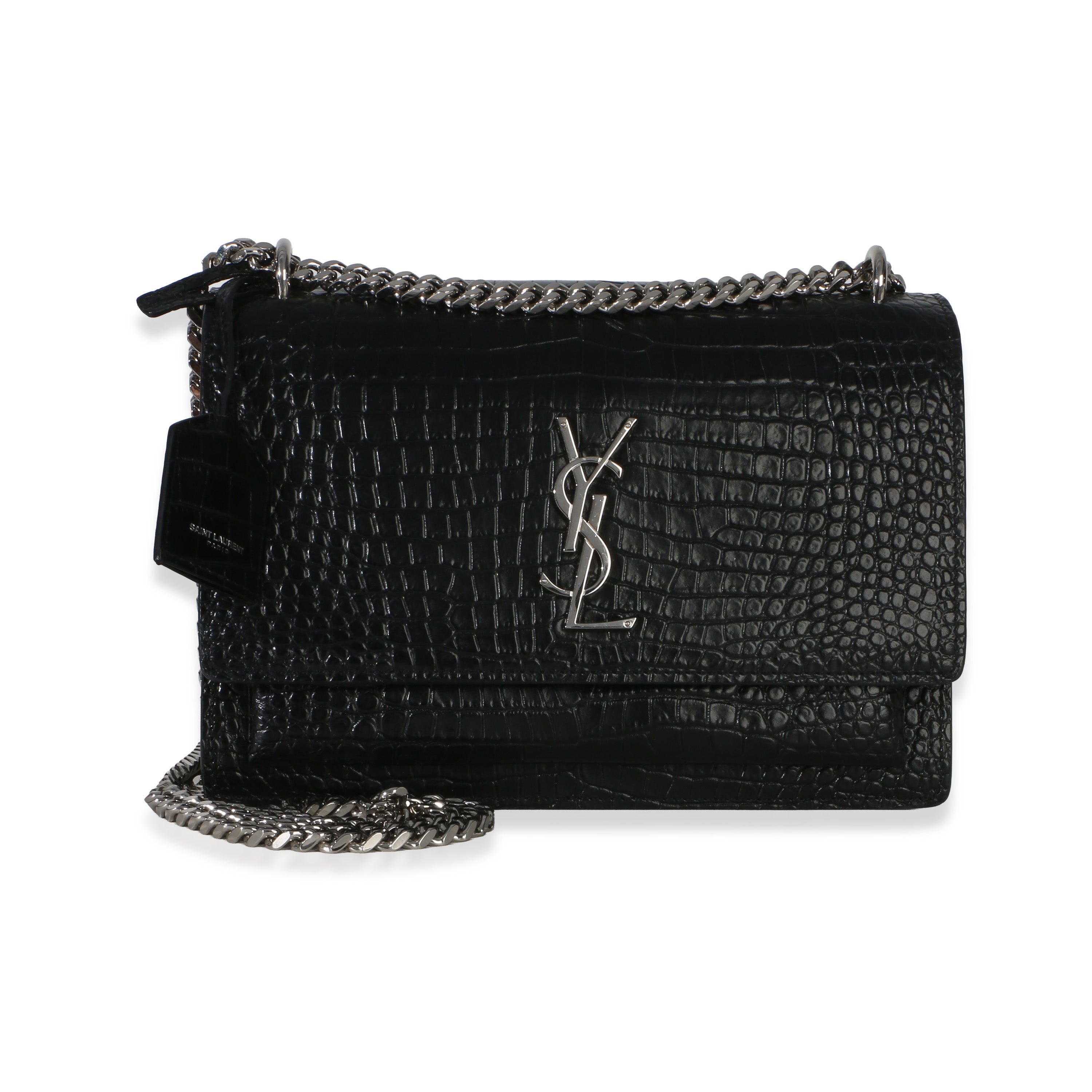 Black Croc Embossed Calfskin Medium Monogram Sunset Bag