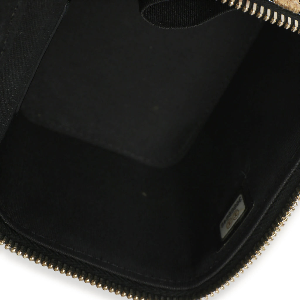 Black Beige Raffia Jute Striped Mini Vanity Case With Chain