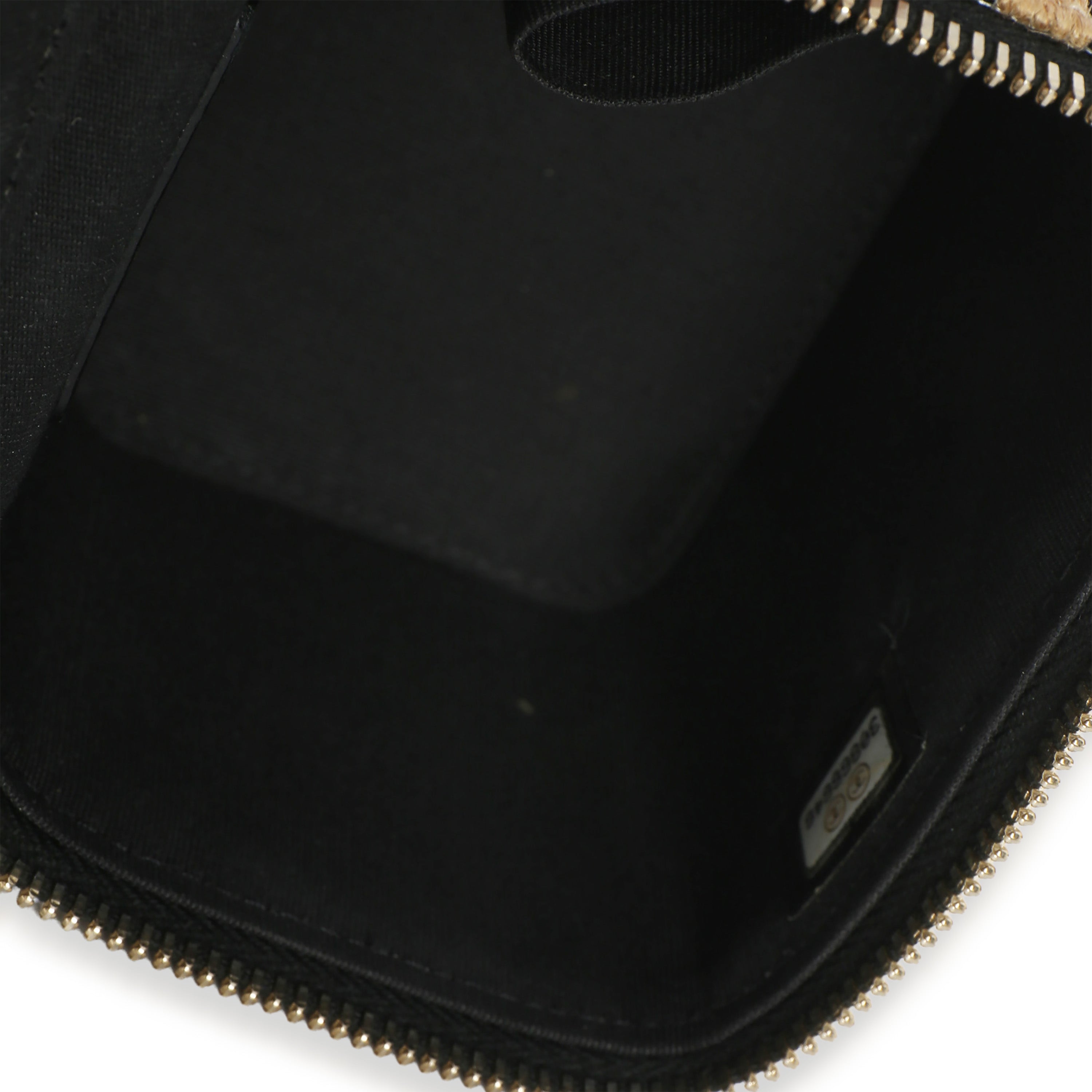 Black Beige Raffia Jute Striped Mini Vanity Case With Chain