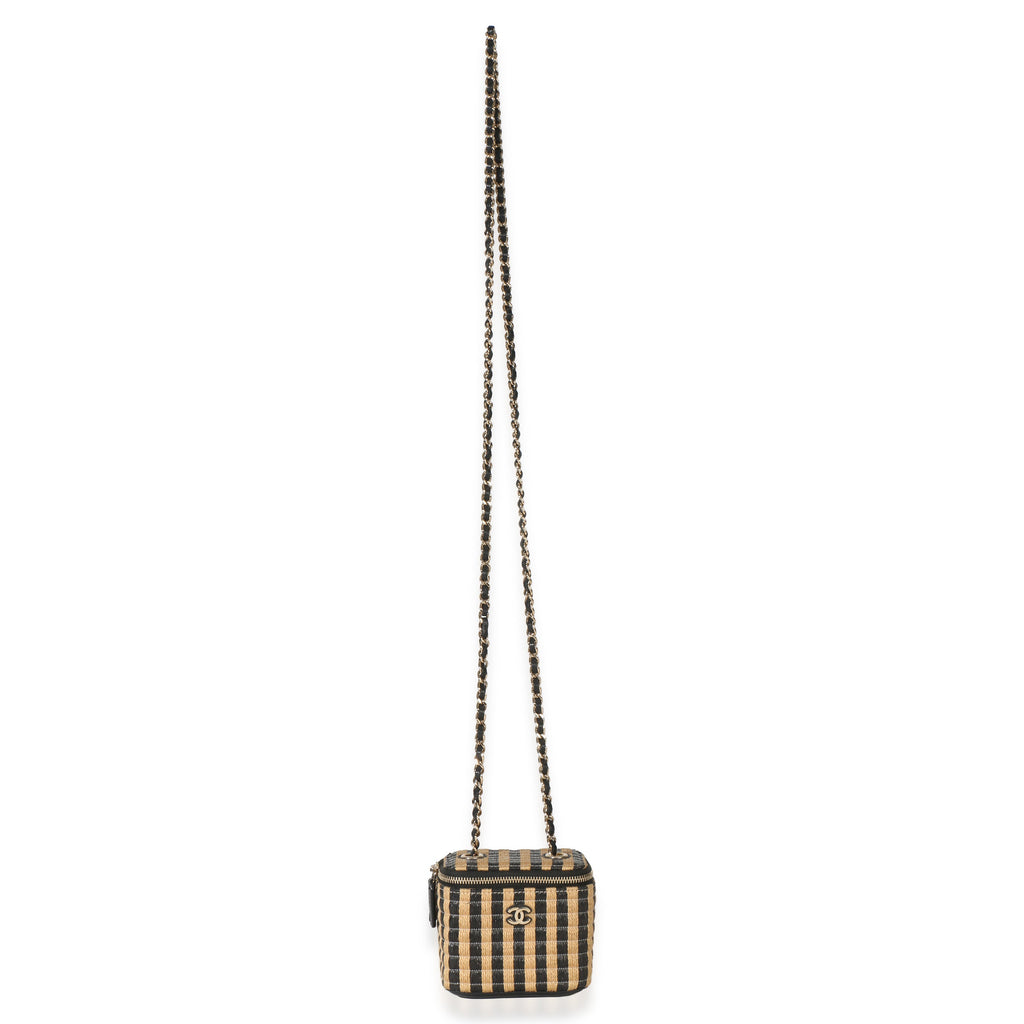 Black Beige Raffia Jute Striped Mini Vanity Case With Chain