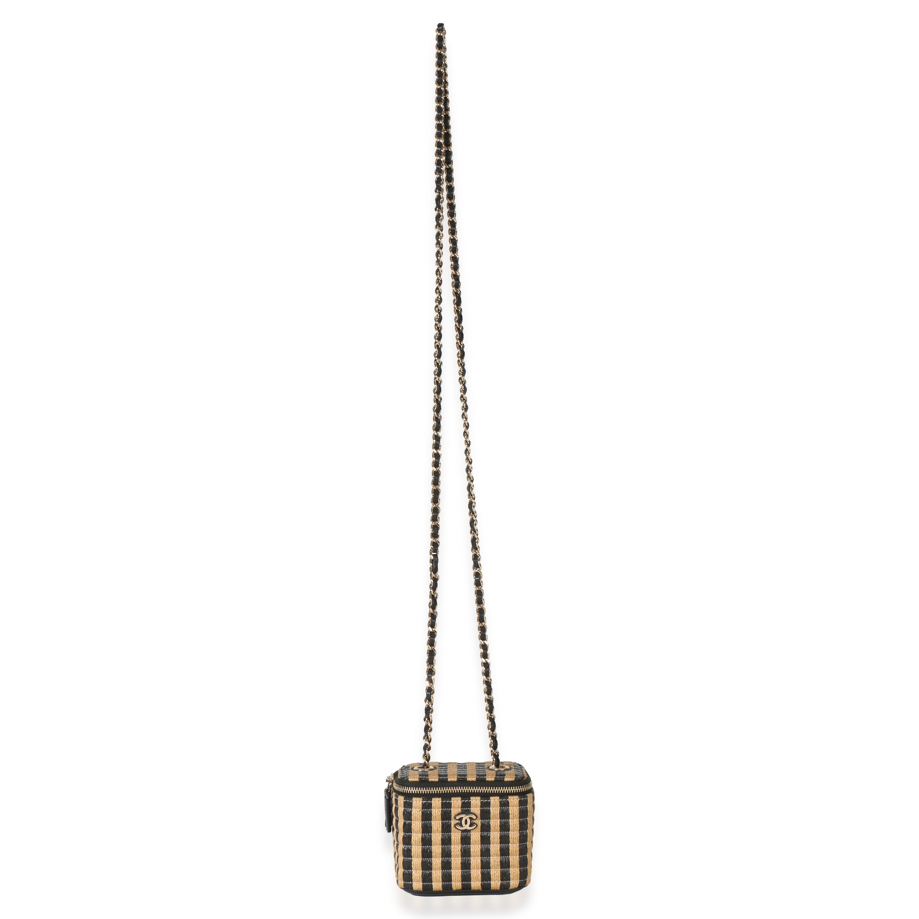 Black Beige Raffia Jute Striped Mini Vanity Case With Chain