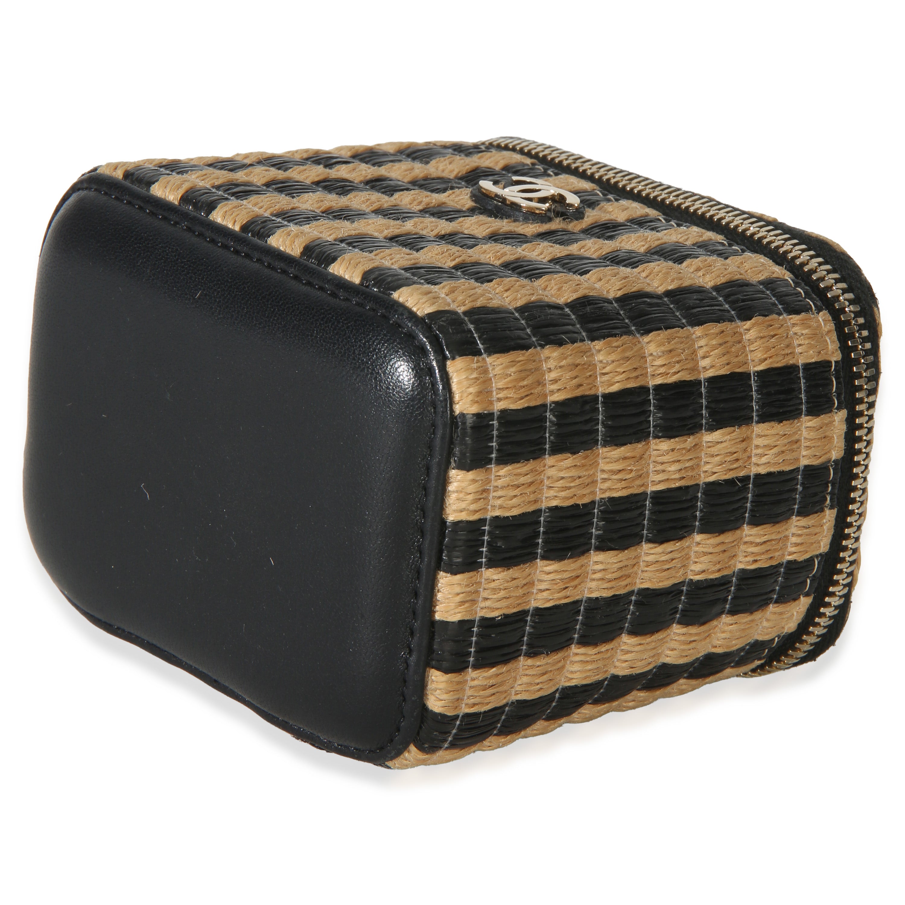 Black Beige Raffia Jute Striped Mini Vanity Case With Chain