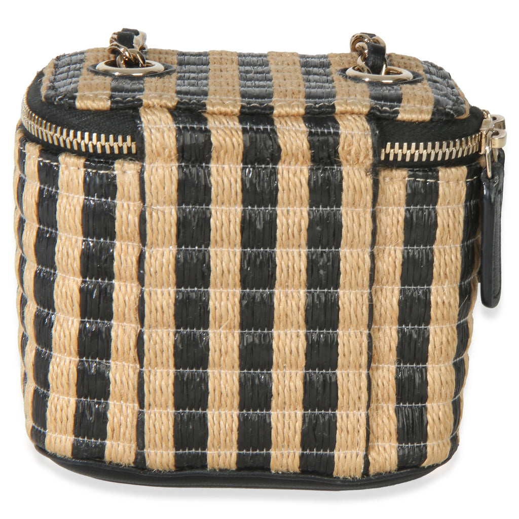 Black Beige Raffia Jute Striped Mini Vanity Case With Chain