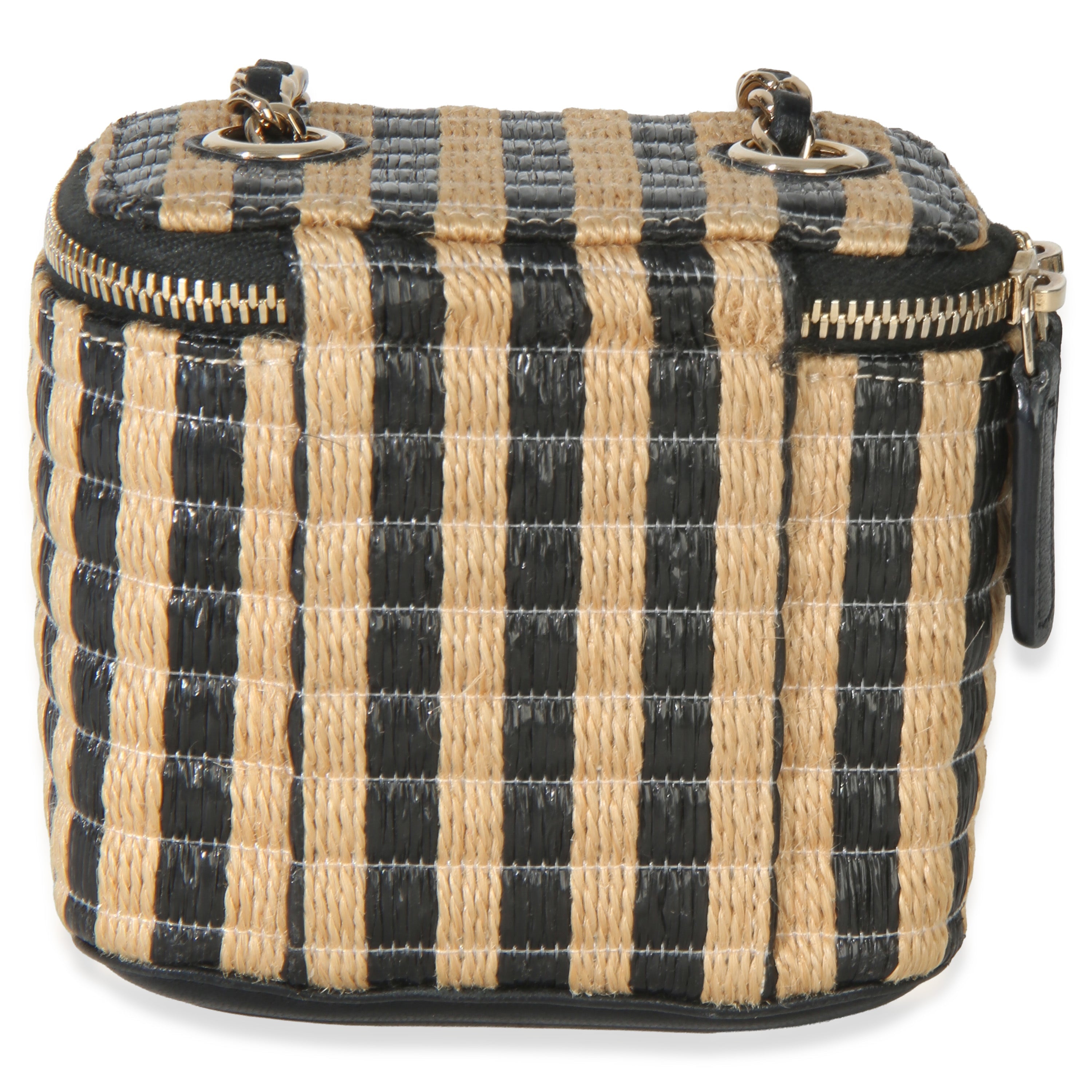 Black Beige Raffia Jute Striped Mini Vanity Case With Chain